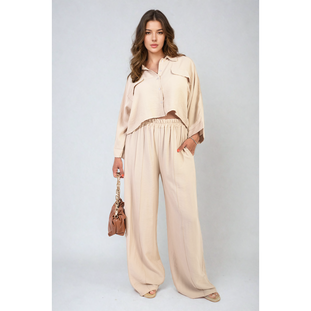 Long Sleeve Crop Top and Wide Leg Trouser Co ord Set Go Wholesale