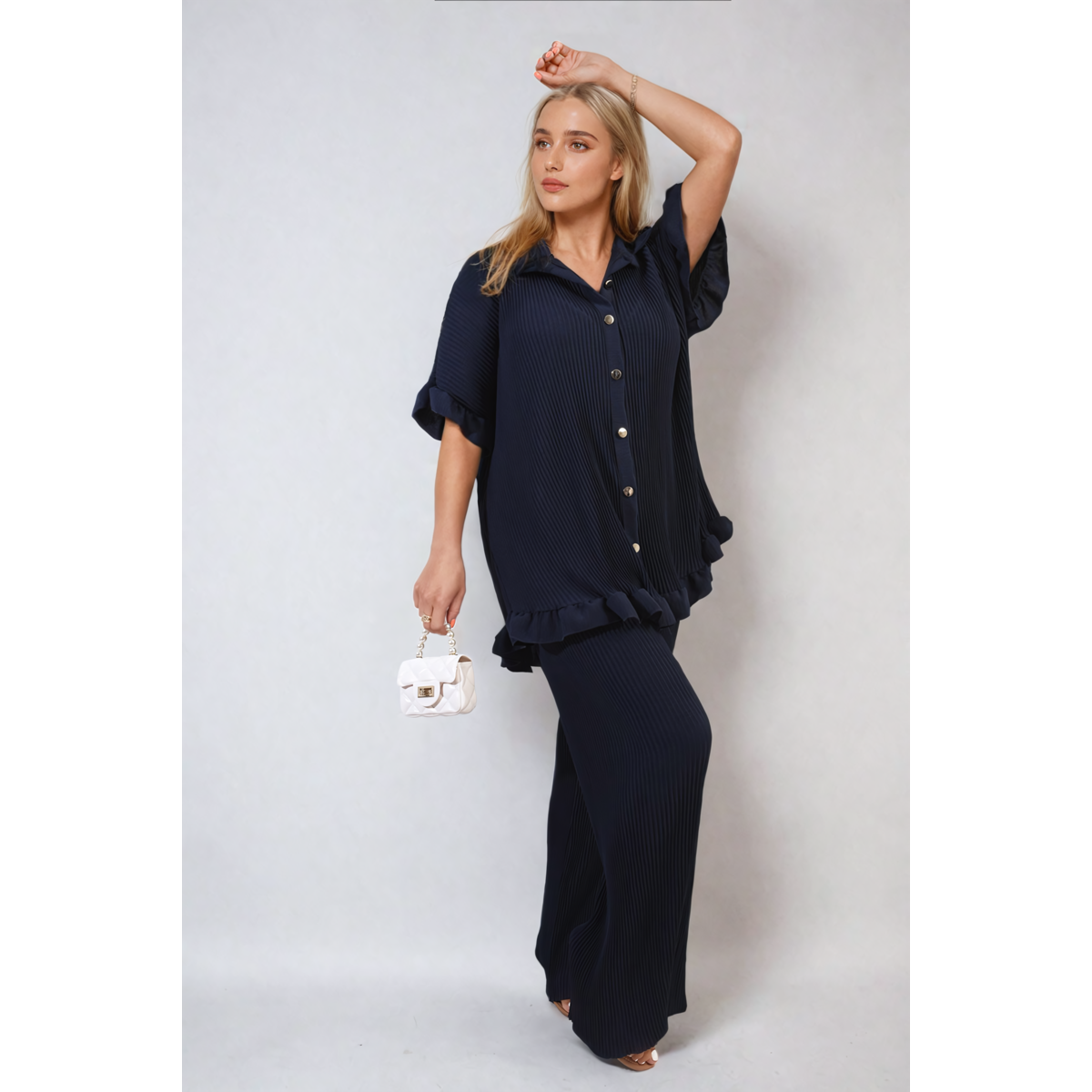 Pleated Frill Ruffle Top and Wide Leg Trouser Co ord Set Go Wholesale