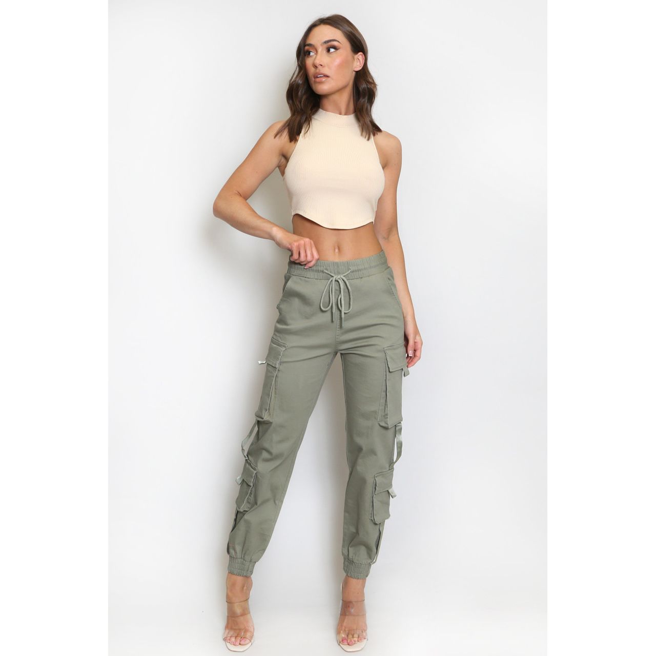 Khaki Drawstring Fitted Cargo Trousers