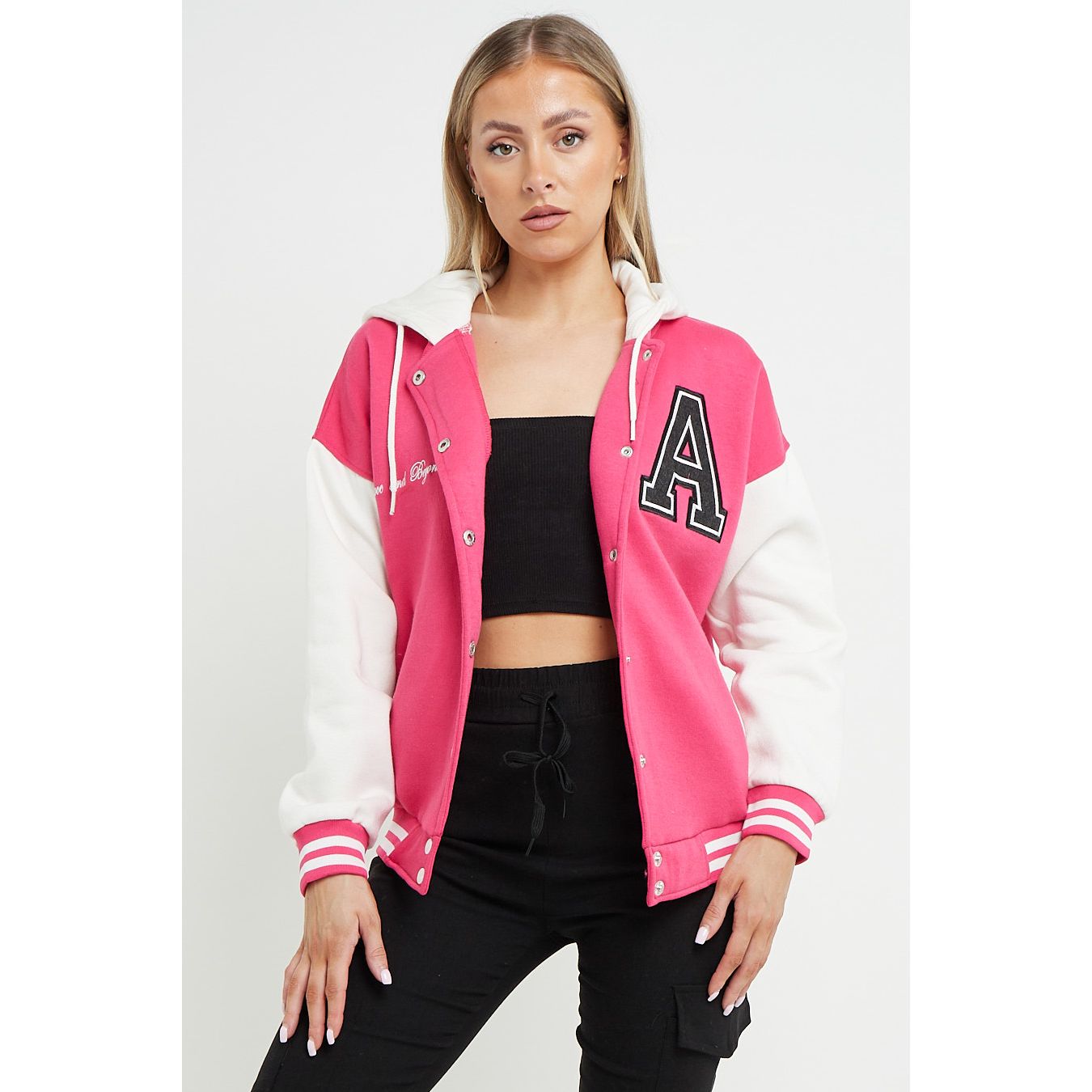 Hot Pink Contrast Sleeve Hooded Varsity Jacket Go Wholesale