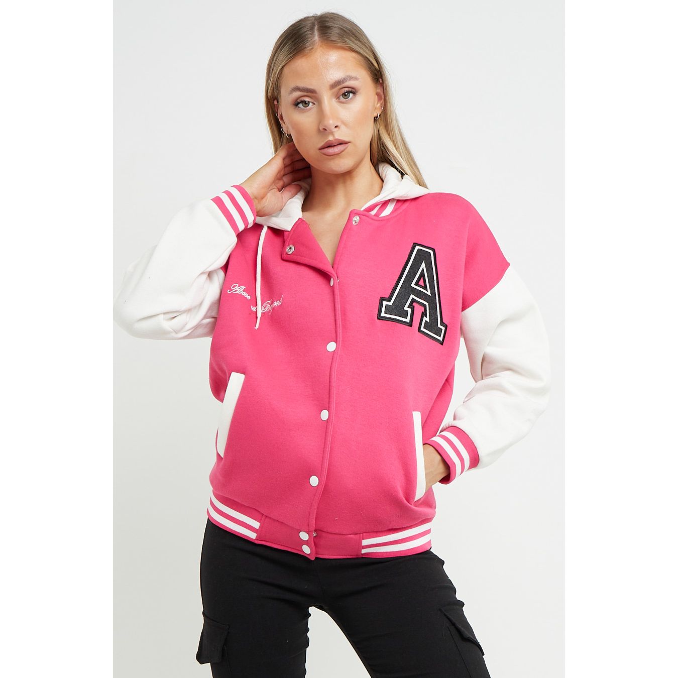 Hot Pink Contrast Sleeve Hooded Varsity Jacket Go Wholesale