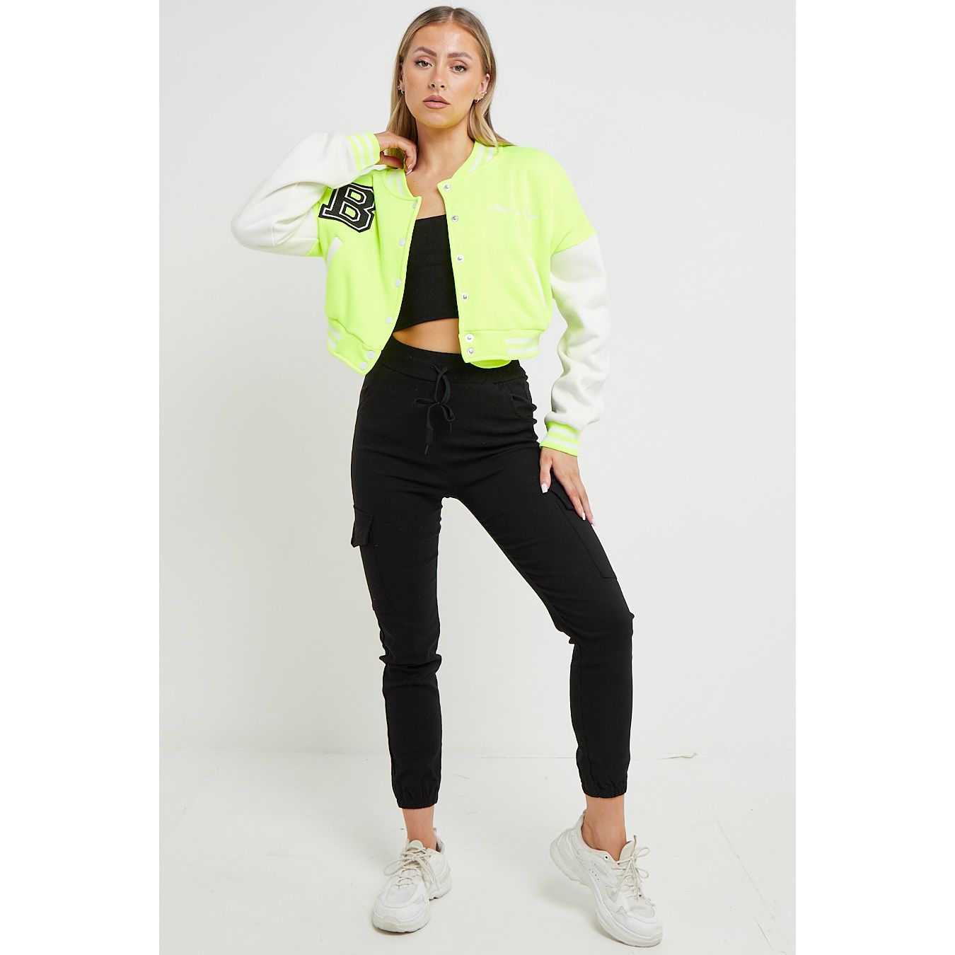 Neon Green Crop Contrast Sleeve Hooded Varsity Jacket Go Wholesale
