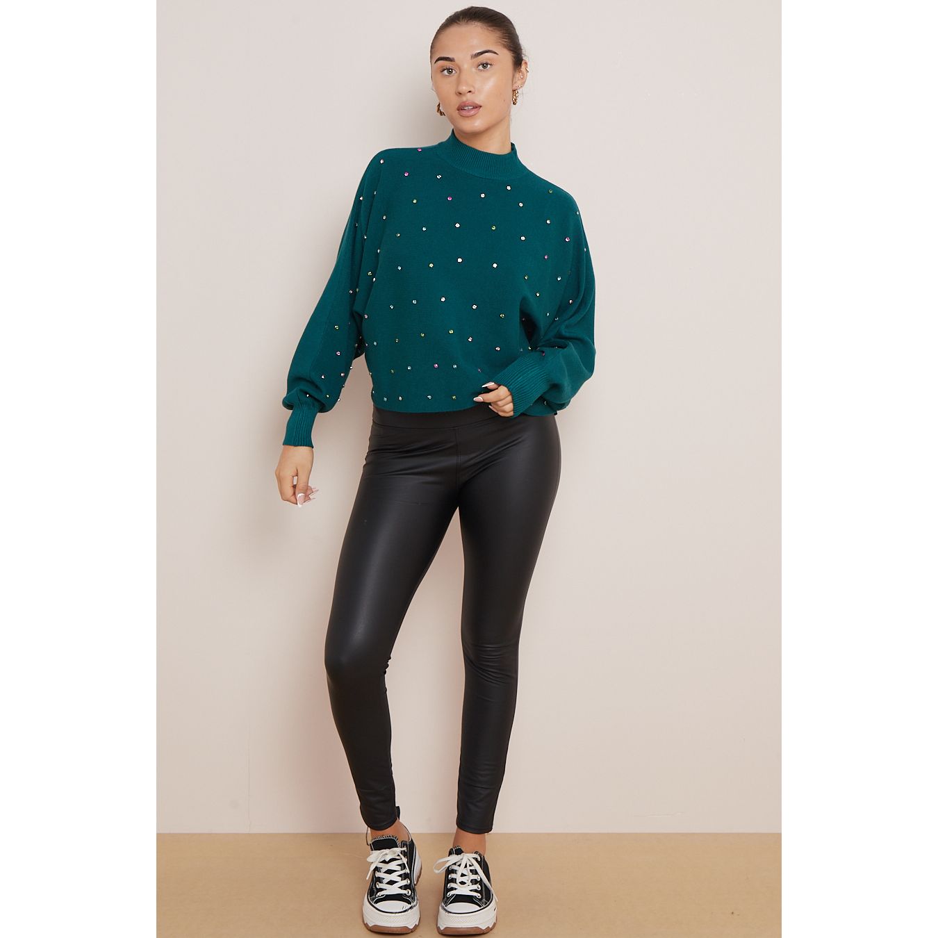 Bottle Green Diamante Embellished Batwing Jumper Go Wholesale