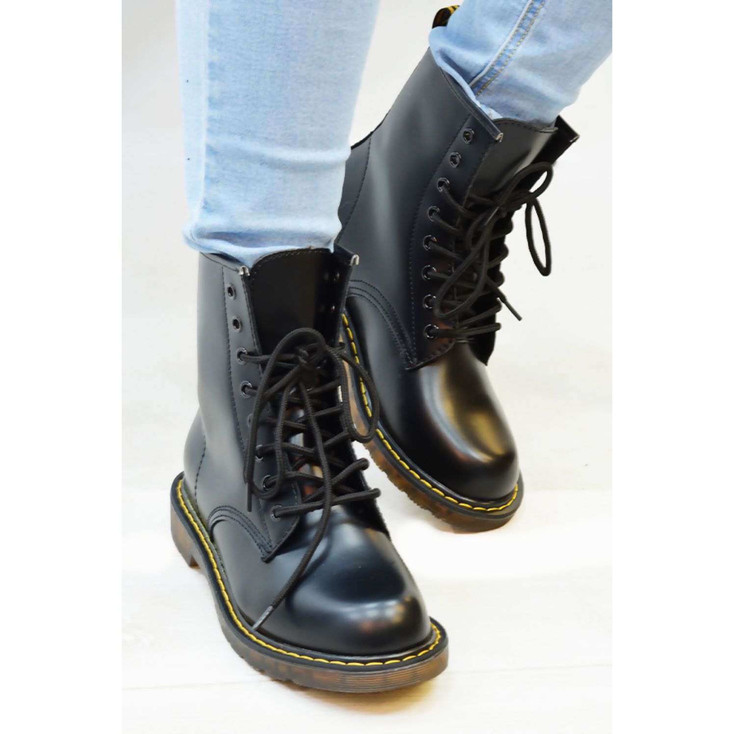 Black Chunky Lace Up PU Biker Boots Size 3 Go Wholesale