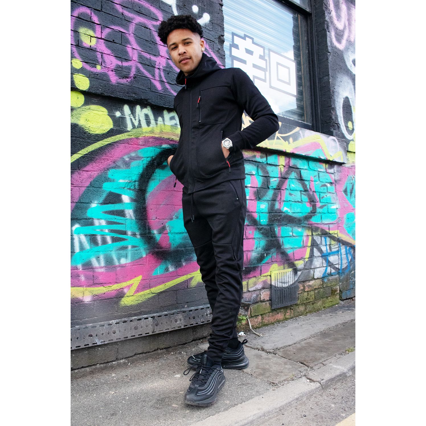 Black Multi Zip Muscle Fit Hooded Skinny Tracksuit Go Wholesale