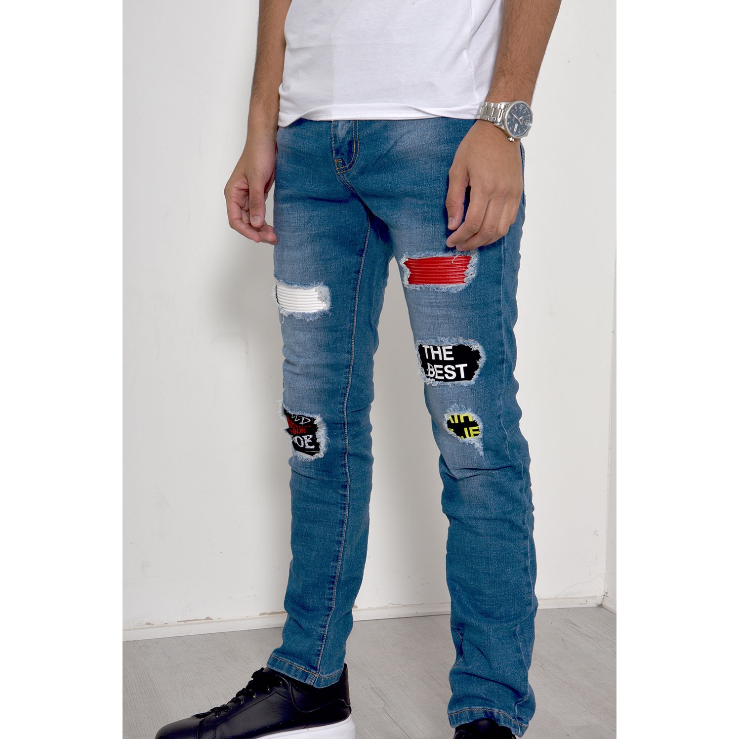 Blue Patched Distressed Frayed Jeans Go Wholesale