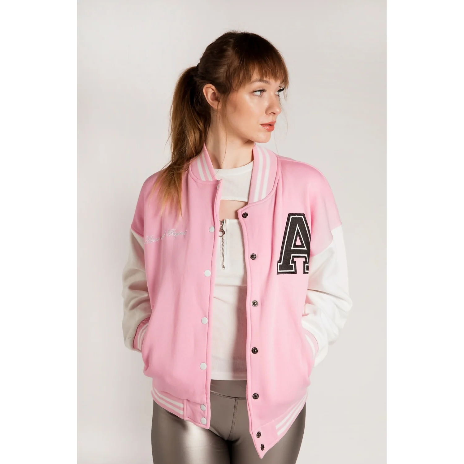 Pink Letter Patched Contrast Sleeve Varsity Jacket Go Wholesale