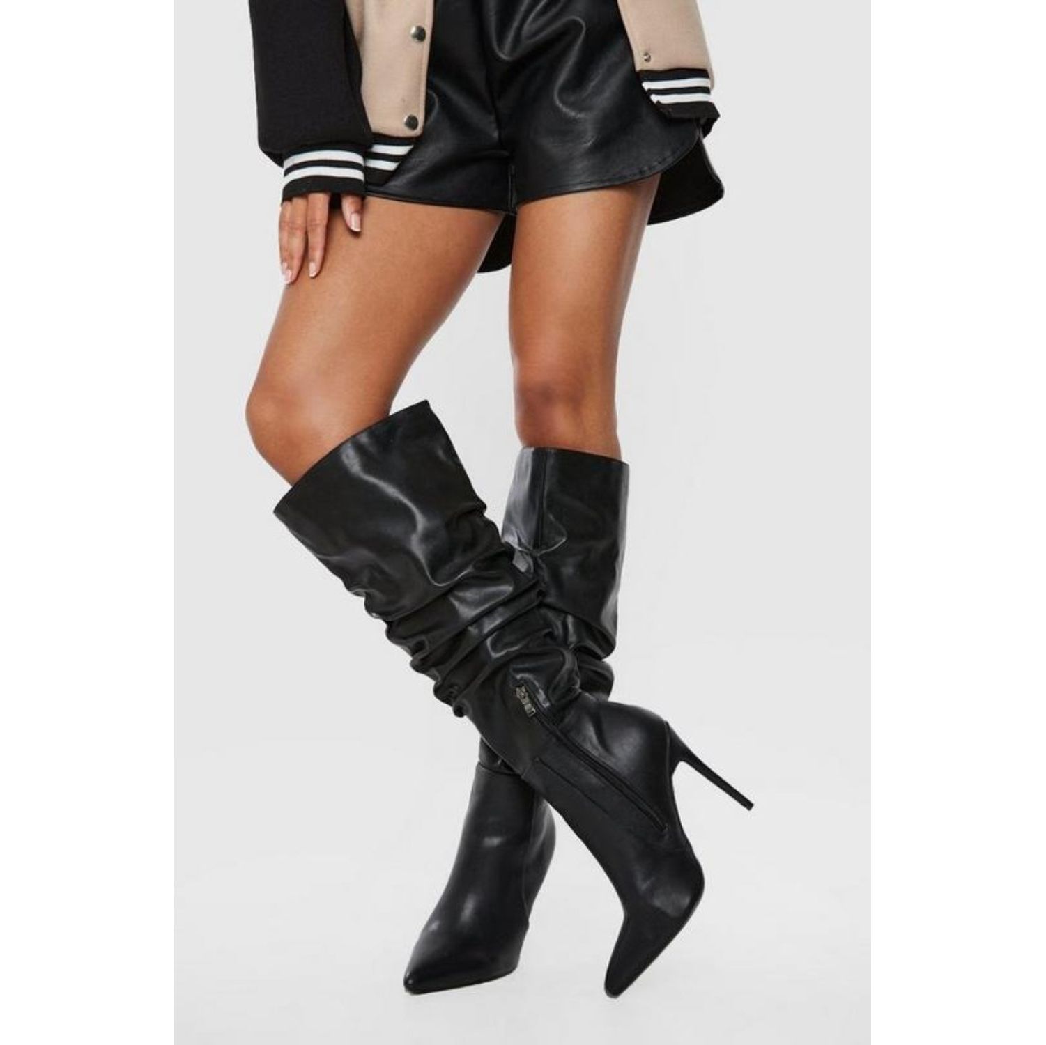 Black PU Ruched Stiletto Heel Pointed Toe Knee High Boots Go Wholesale