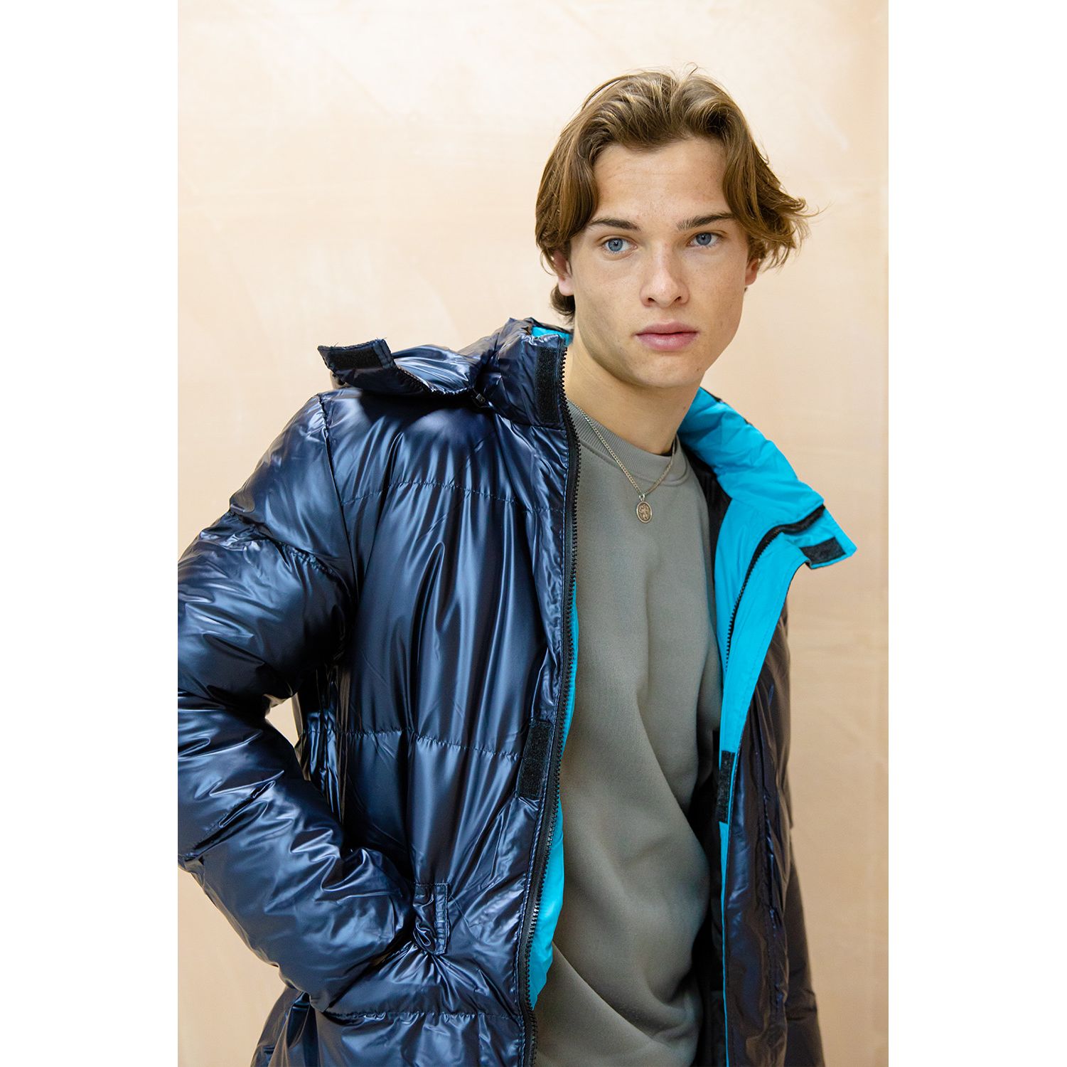Navy Longline Shiny Puffer Jacket Go Wholesale