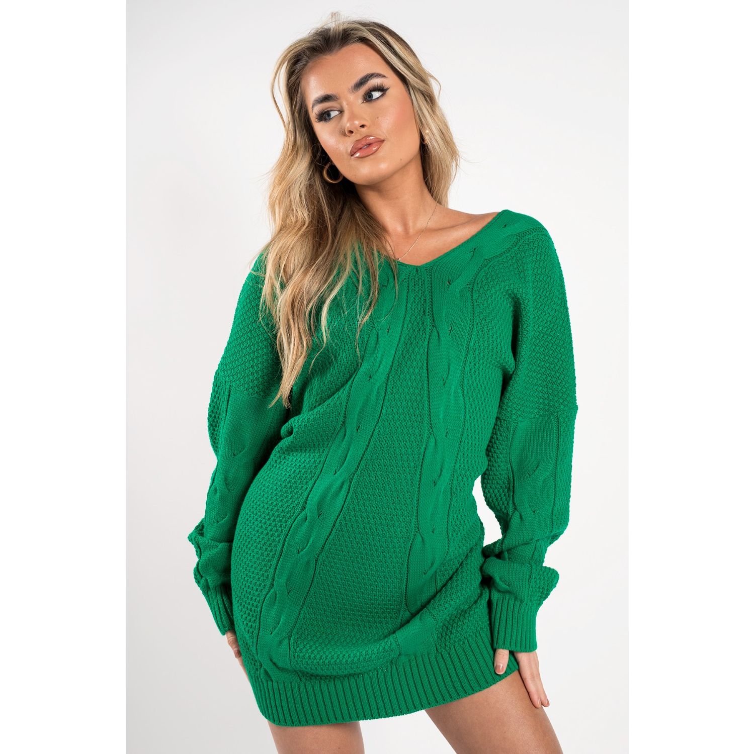 Green Cable Knit Cut Out Back Jumper Dress Go Wholesale