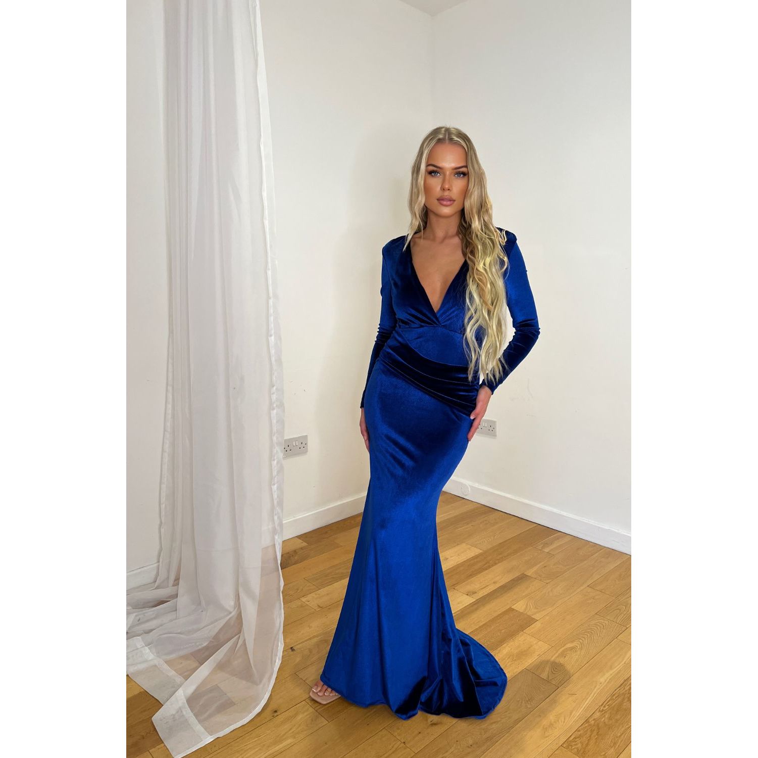 Chanel Royal Blue Velvet V-Neck Stretch Long Sleeve Mermaid Maxi Dress | Go  Wholesale