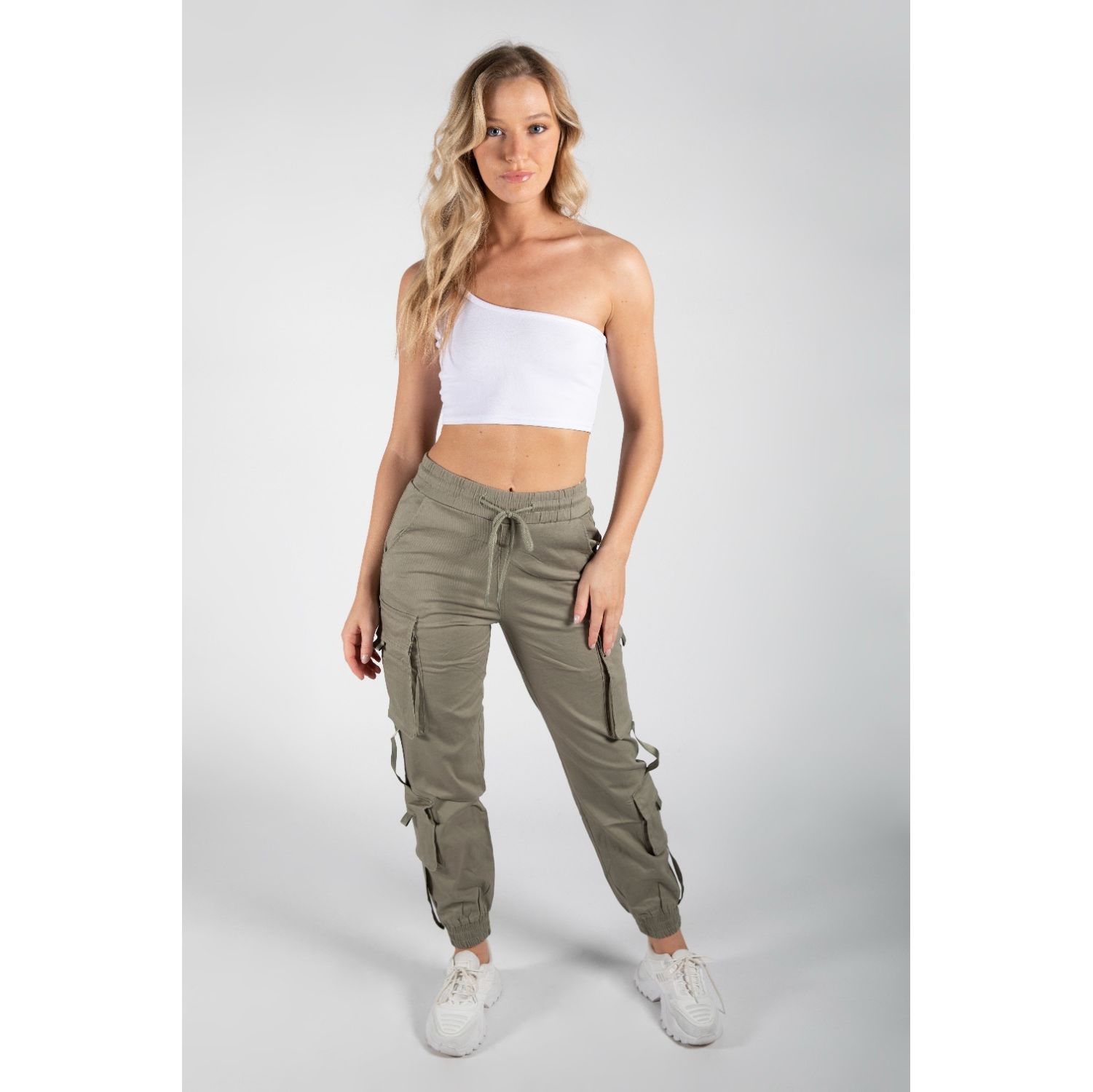Khaki Drawstring Fitted Cargo Trousers