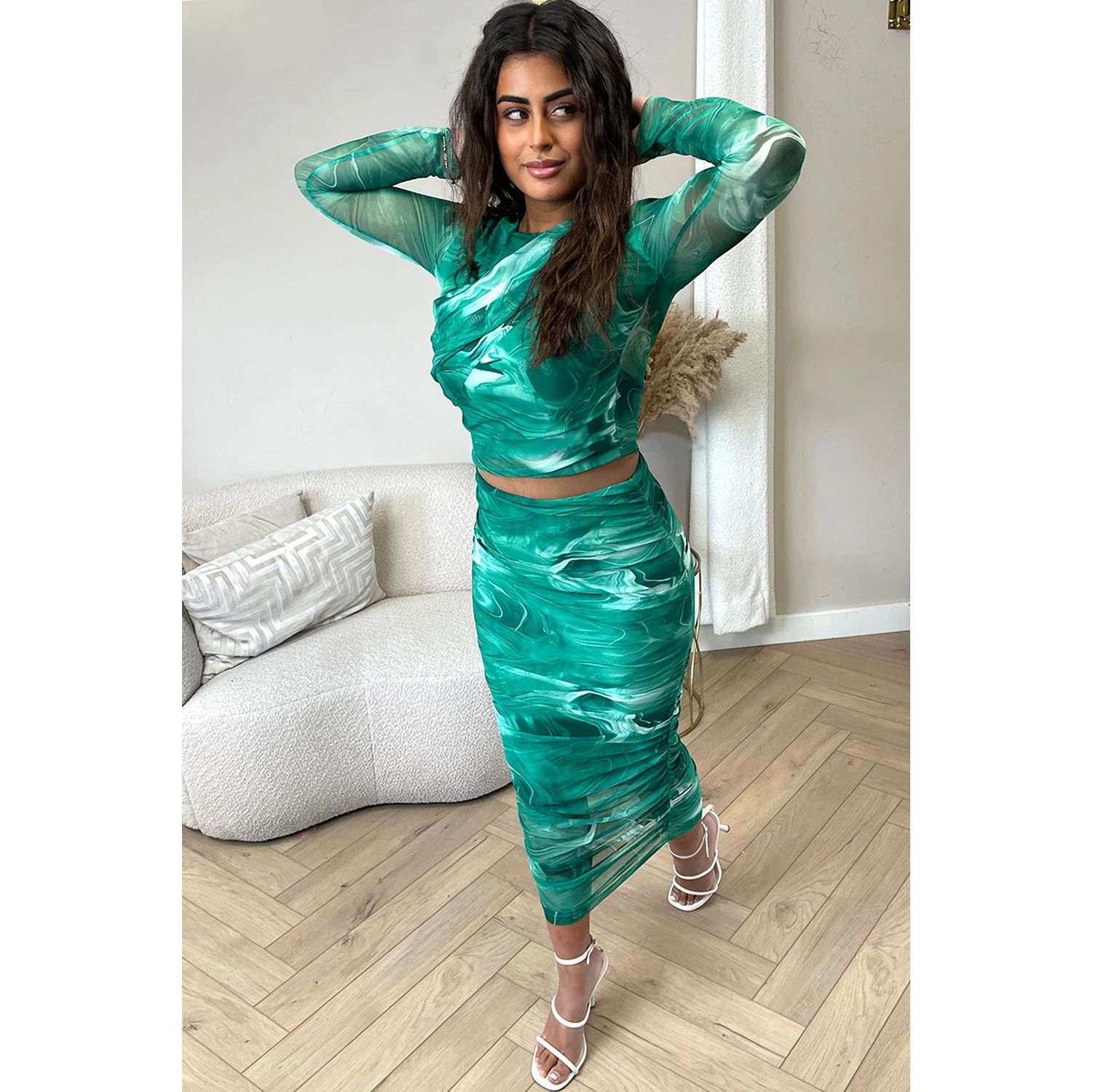 Marble Print Ruched Mesh Top And Skirt Co-ord | Go Wholesale
