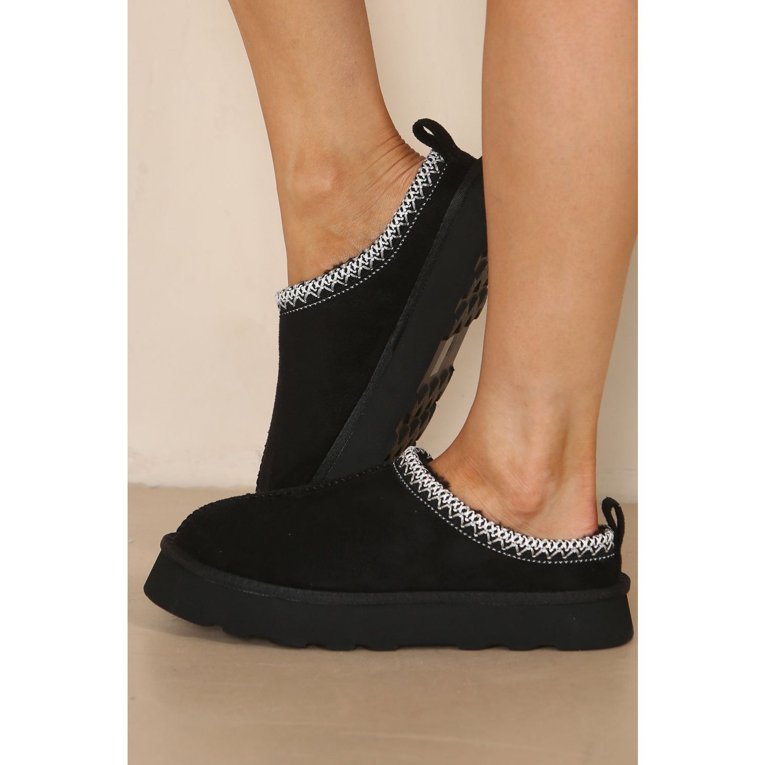 CHUNKY BLACK FAUX SUEDE EMBROIDERED COZY SLIPPER BOOTS Go Wholesale