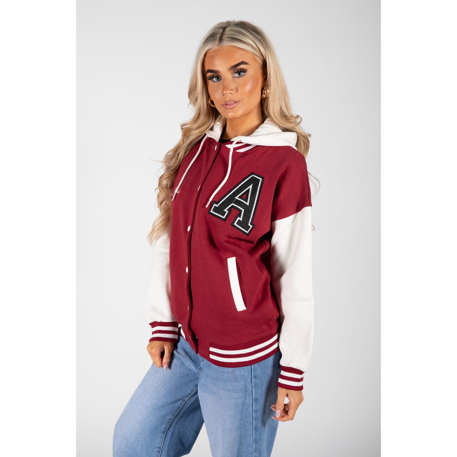 Denim varsity jacket sales with contrast sleeves
