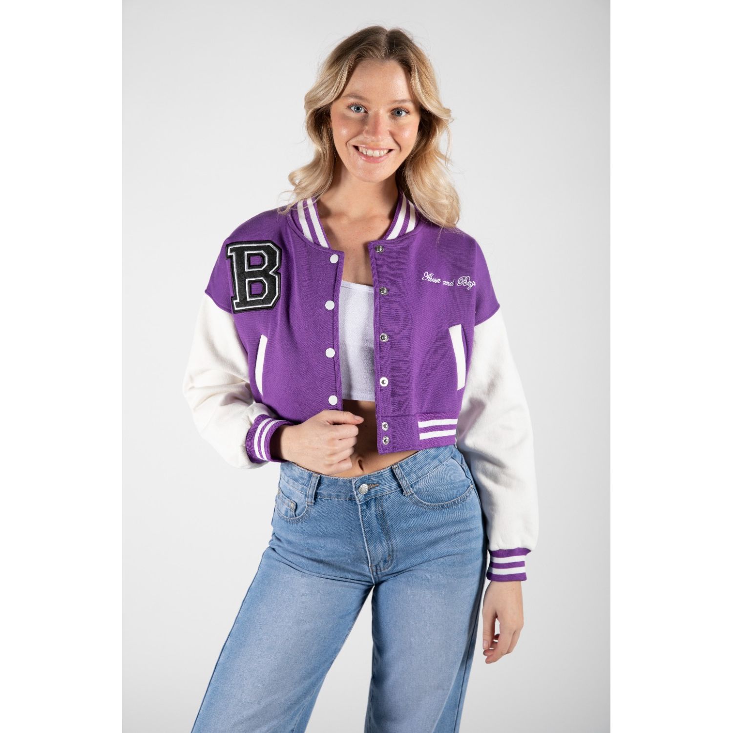 Denim varsity jacket with contrast sleeves shop