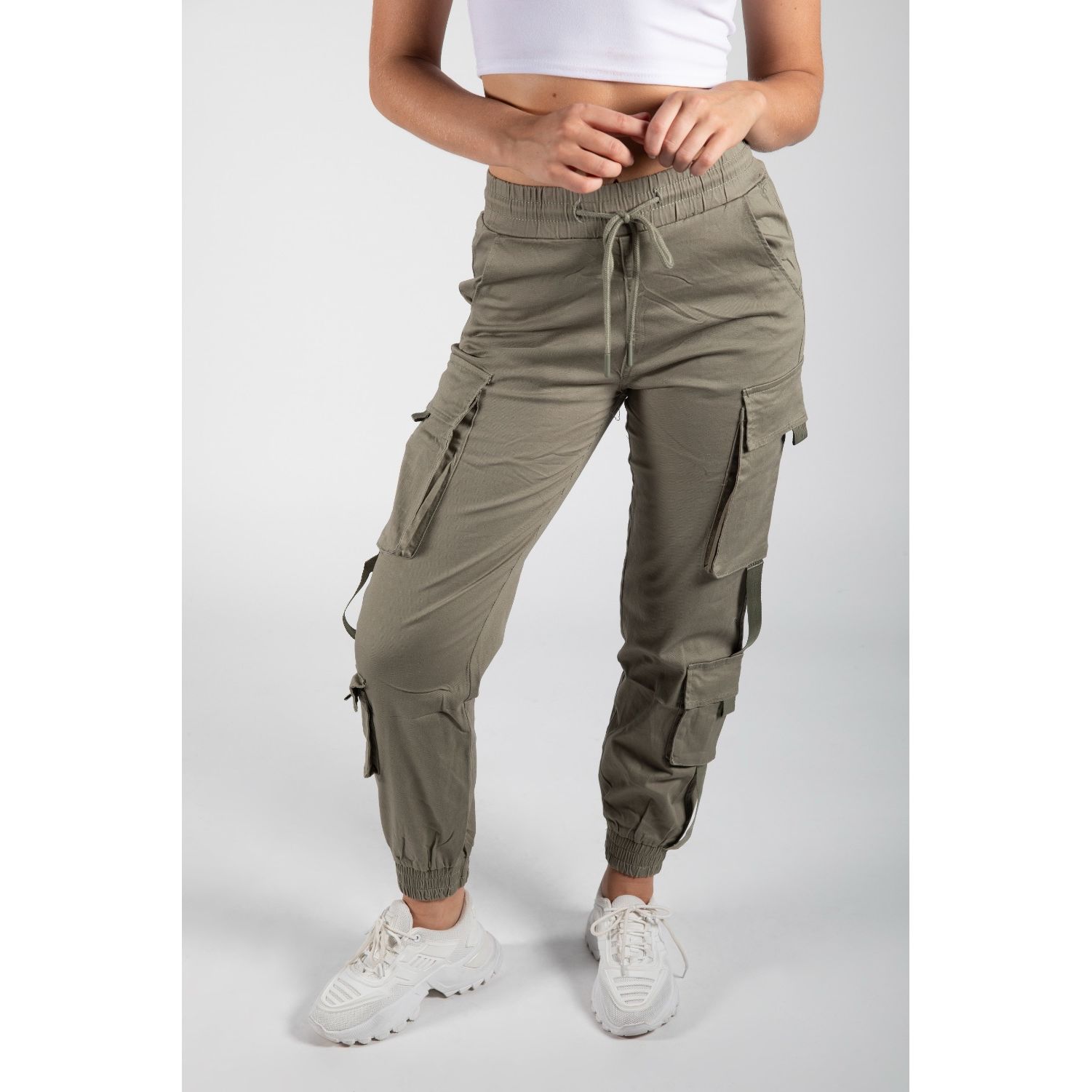 Khaki Drawstring Fitted Cargo Trousers