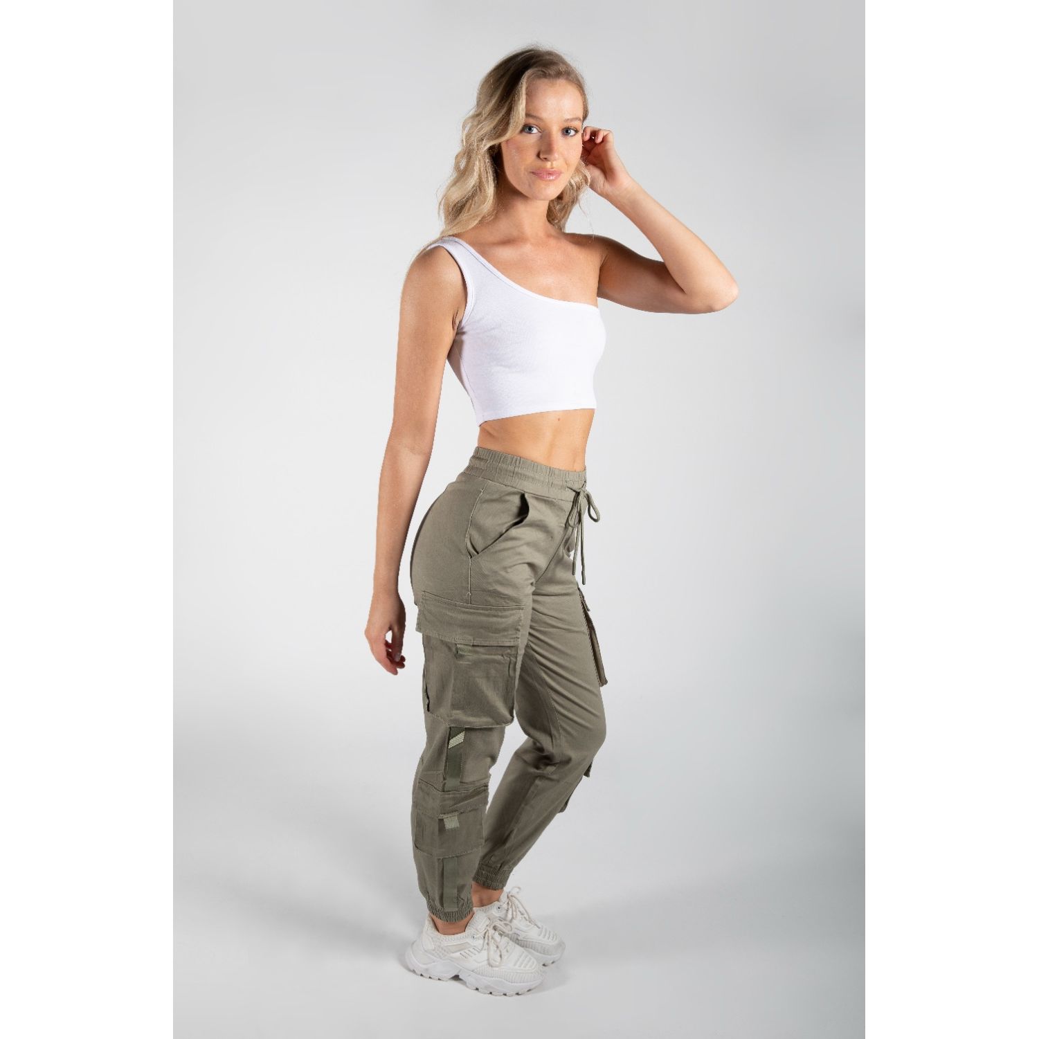 Khaki Drawstring Fitted Cargo Trousers