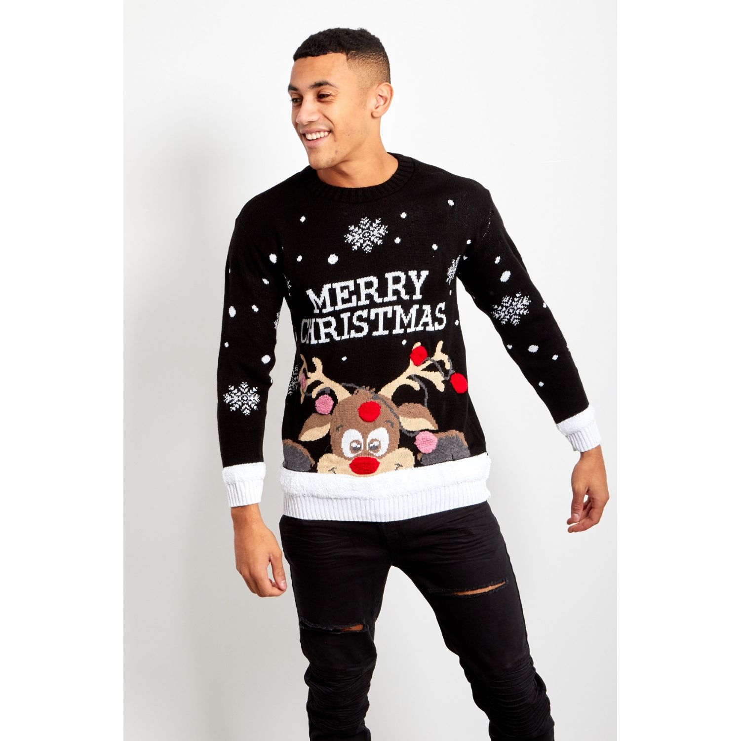 Black Mens Pom Reindeer Merry Christmas Jumper Go Wholesale