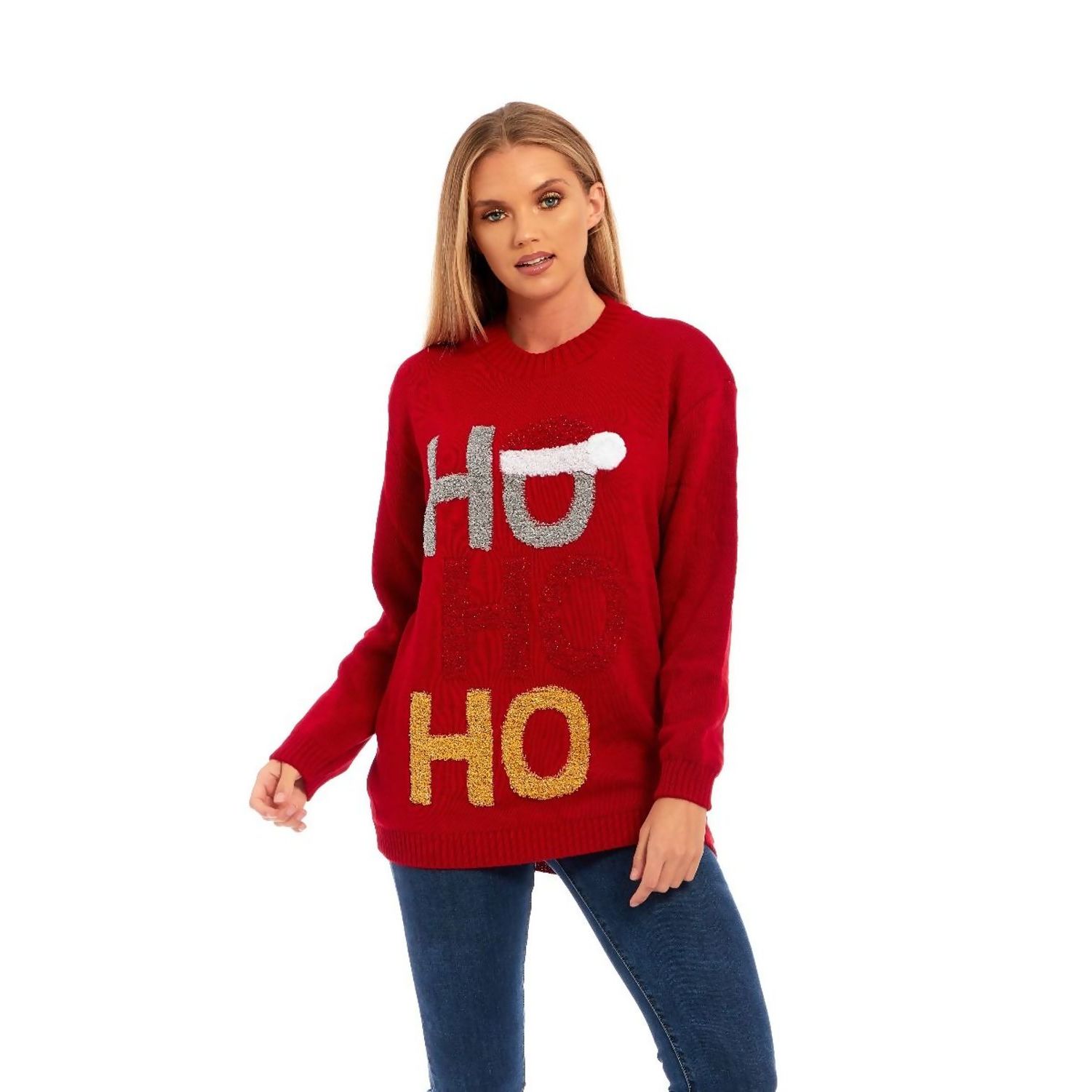 Red Ho Ho Glitter Cap Knitted Christmas Jumper Go Wholesale