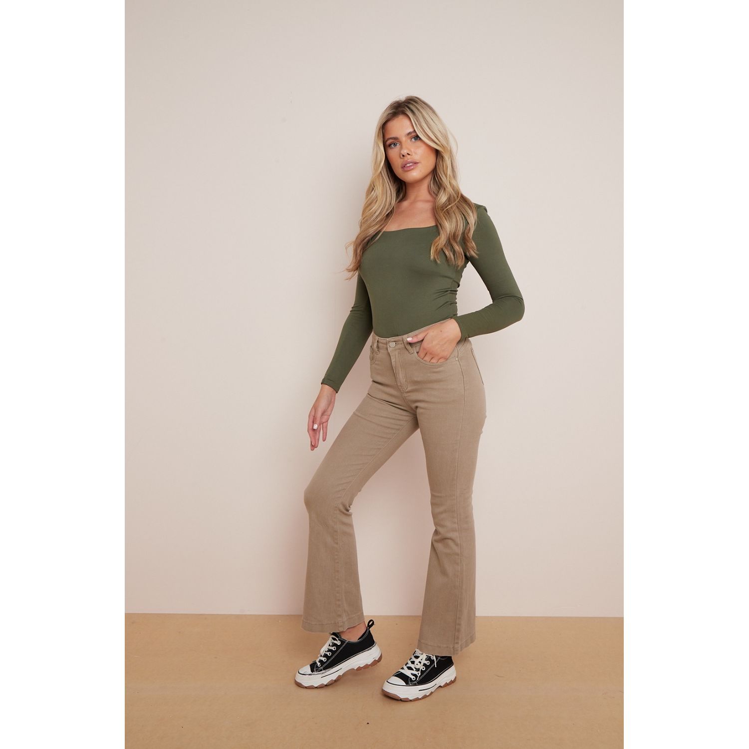 Beige flared jeans sales