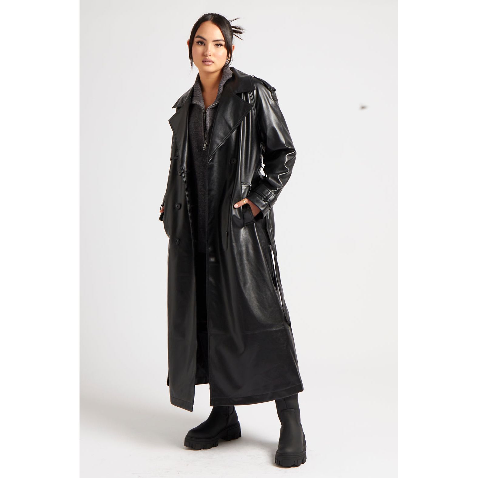 Black sale pu trench