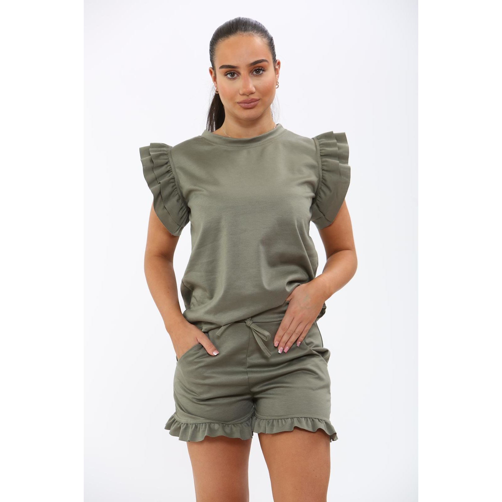 KHAKI FRILL SLEEVE TOP SHORT SET COORD Go Wholesale