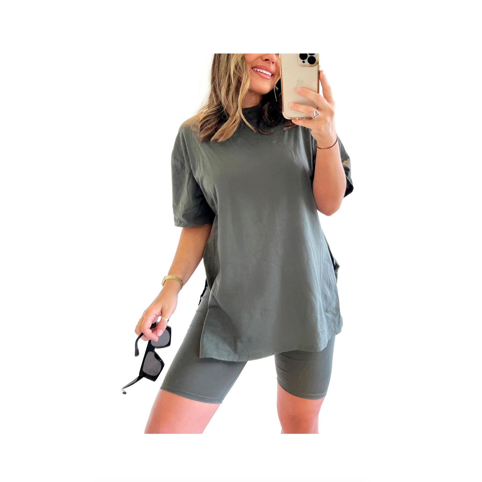 KHAKI SIDE SLIT T SHIRT TOP AND SHORT 2 PCS SET Go Wholesale