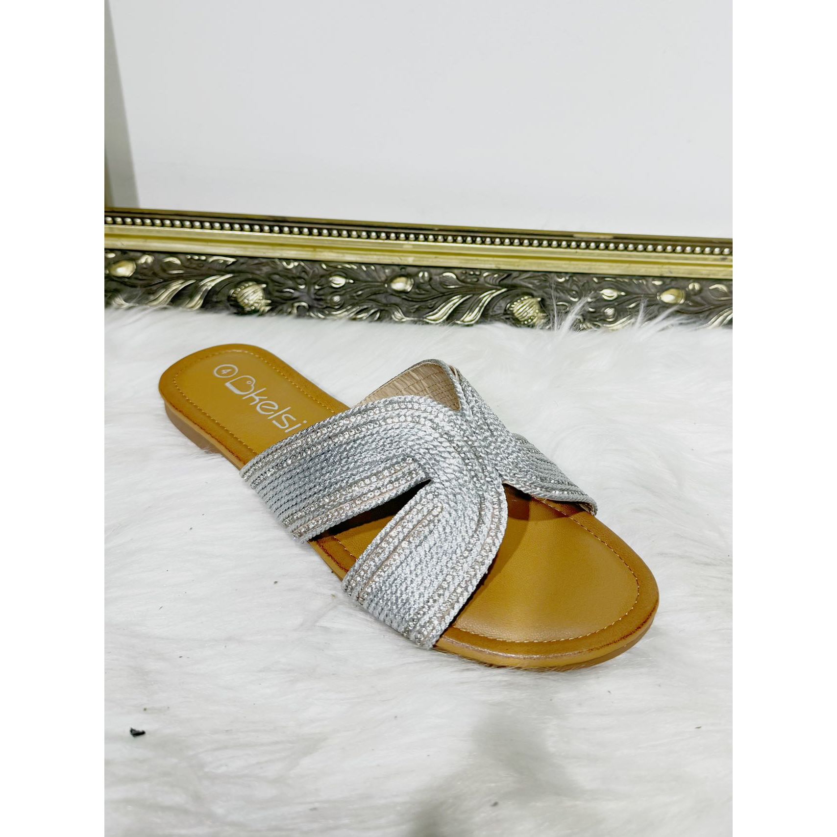 silver women lady fashion diamented flat slider sandals | Go Wholesale