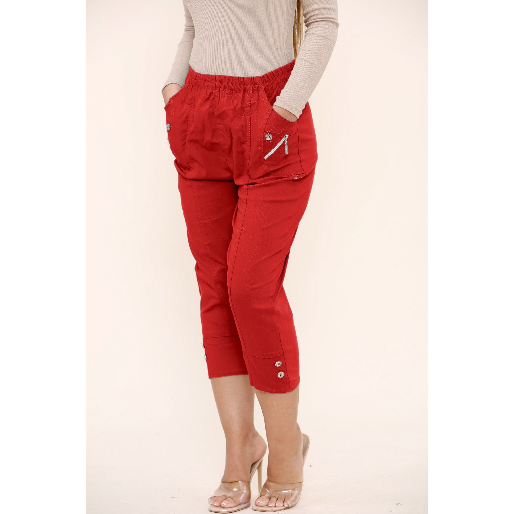 Red three quarter length trousers outlet
