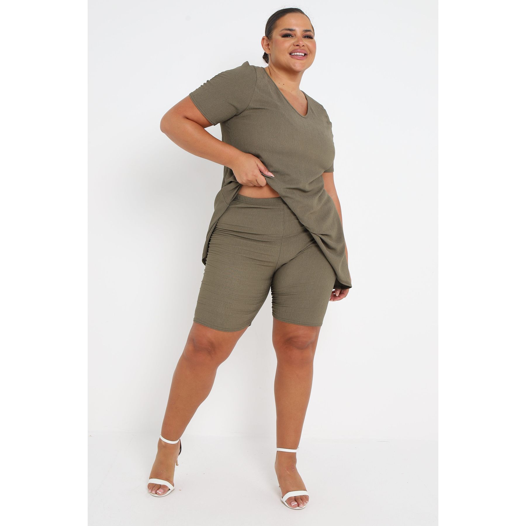 Plus Size Khaki Two Piece Co Ord Set Short Sleeve Top With