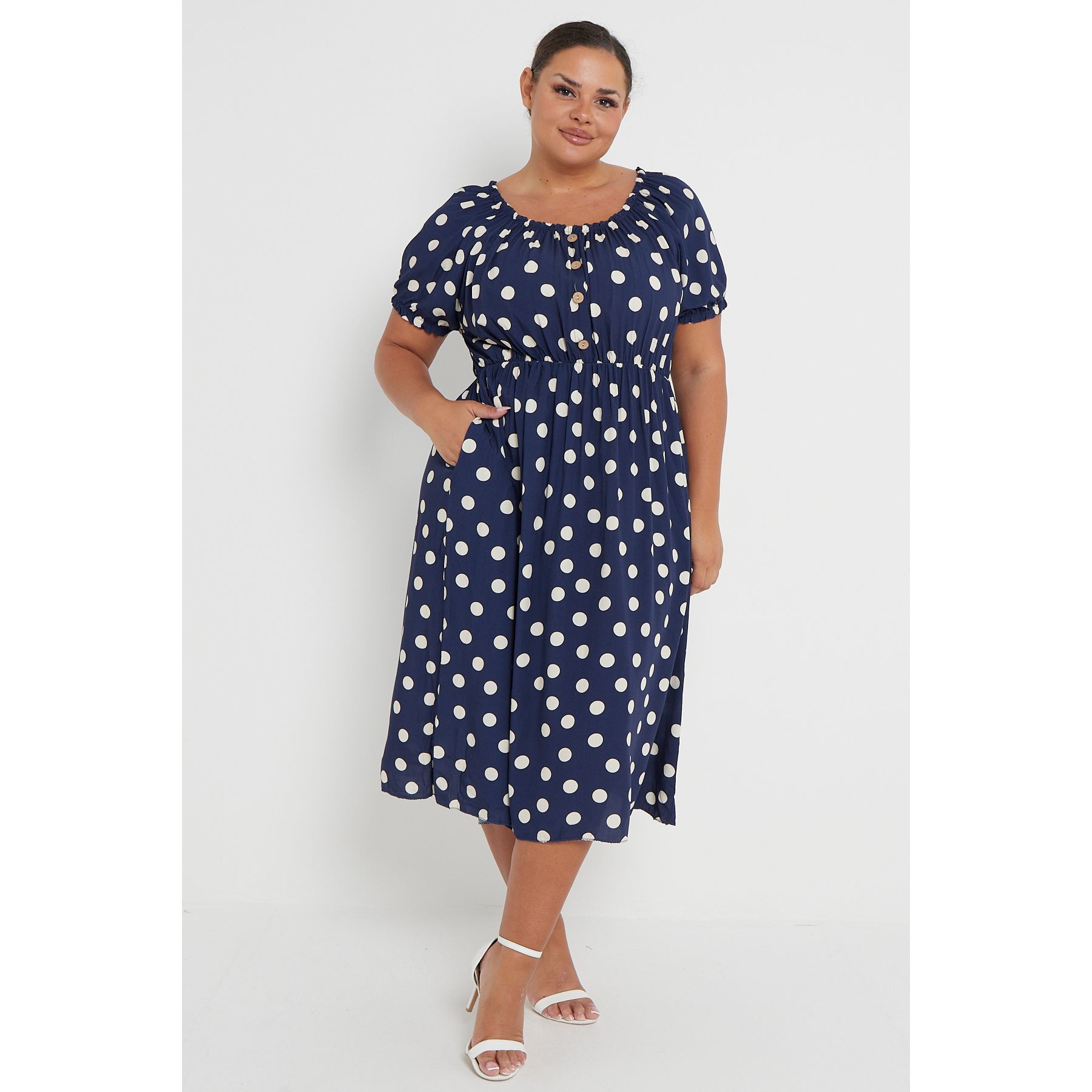Navy polka 2025 dot bardot dress