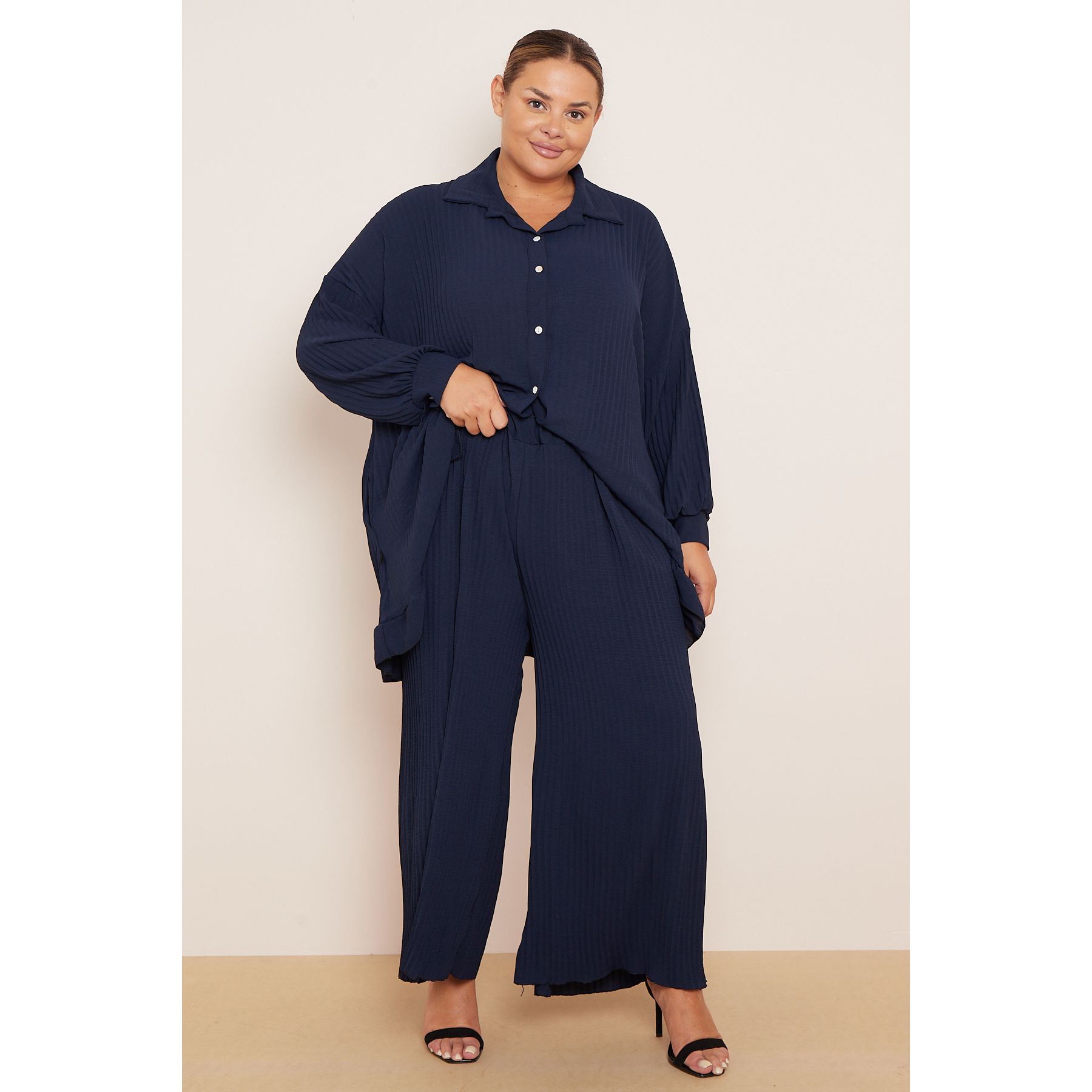 Plus Size Navy Pleated Two Piece Co ord Set Frill Hem Shirt Wide