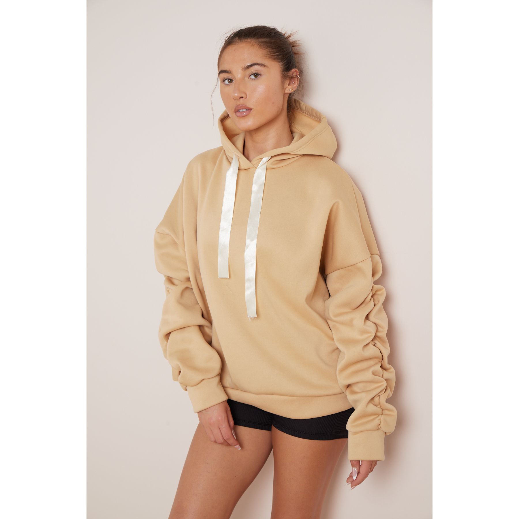 Ruched sleeve hoodie store wholesale