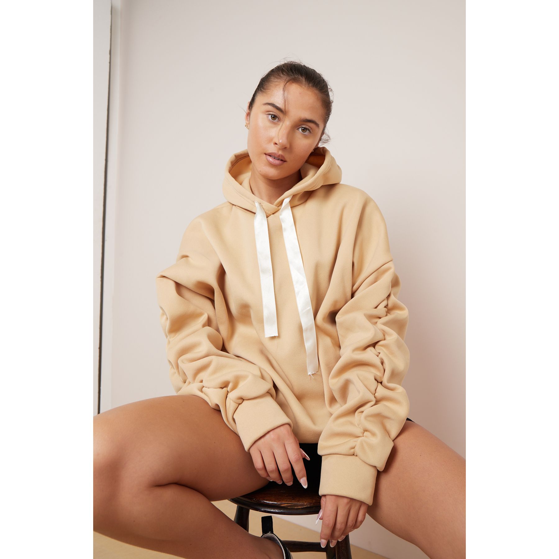 Beige ruched sleeve sale hoodie