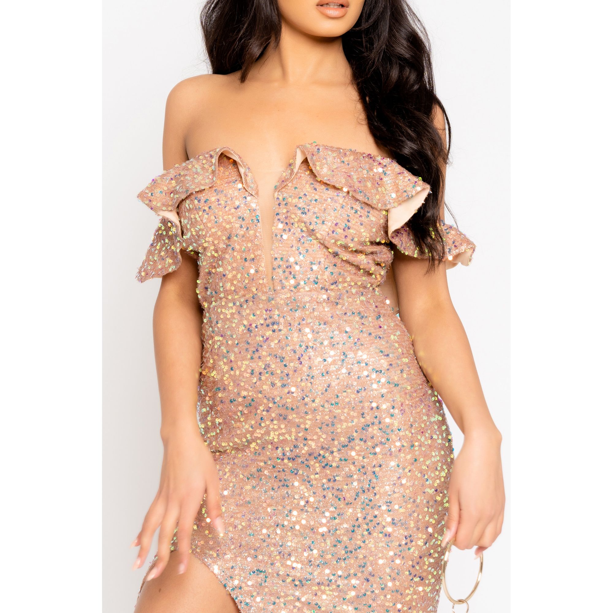 Rose gold ruffle dress sales