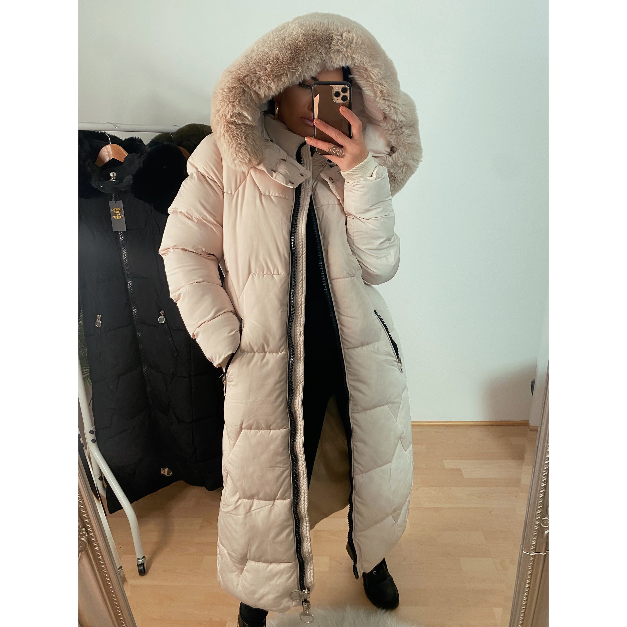 Cream Mary Faux Fur Hooded Padded Long Coat Go Wholesale