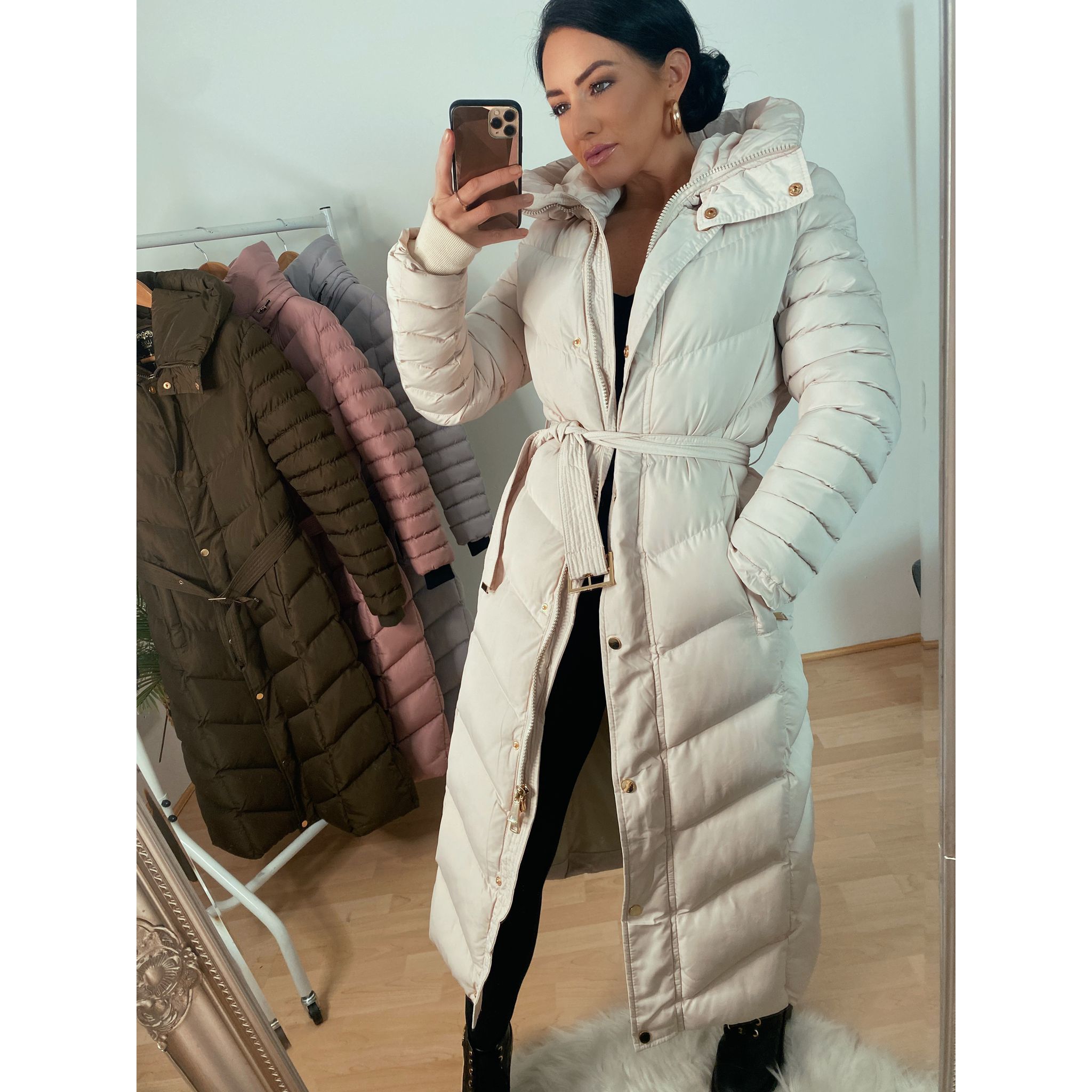 Cream Florence Hooded Padded Long Coat Go Wholesale