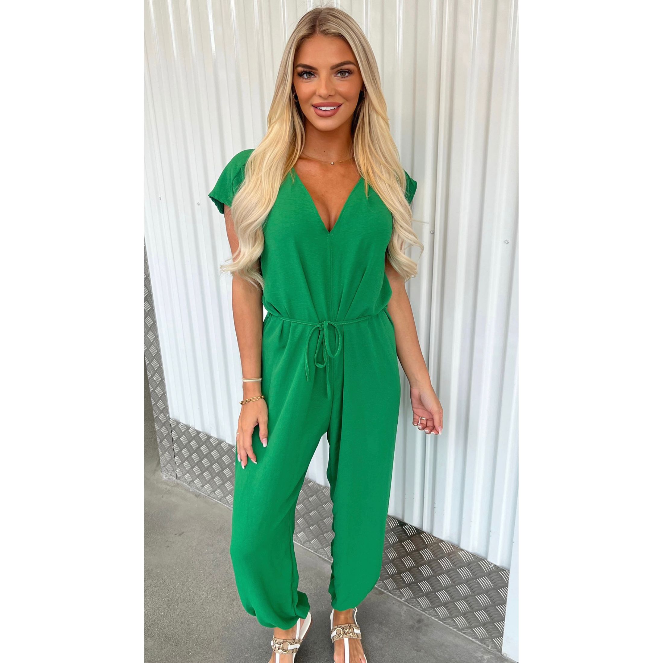 green Harem vneck jumpsuit Go Wholesale