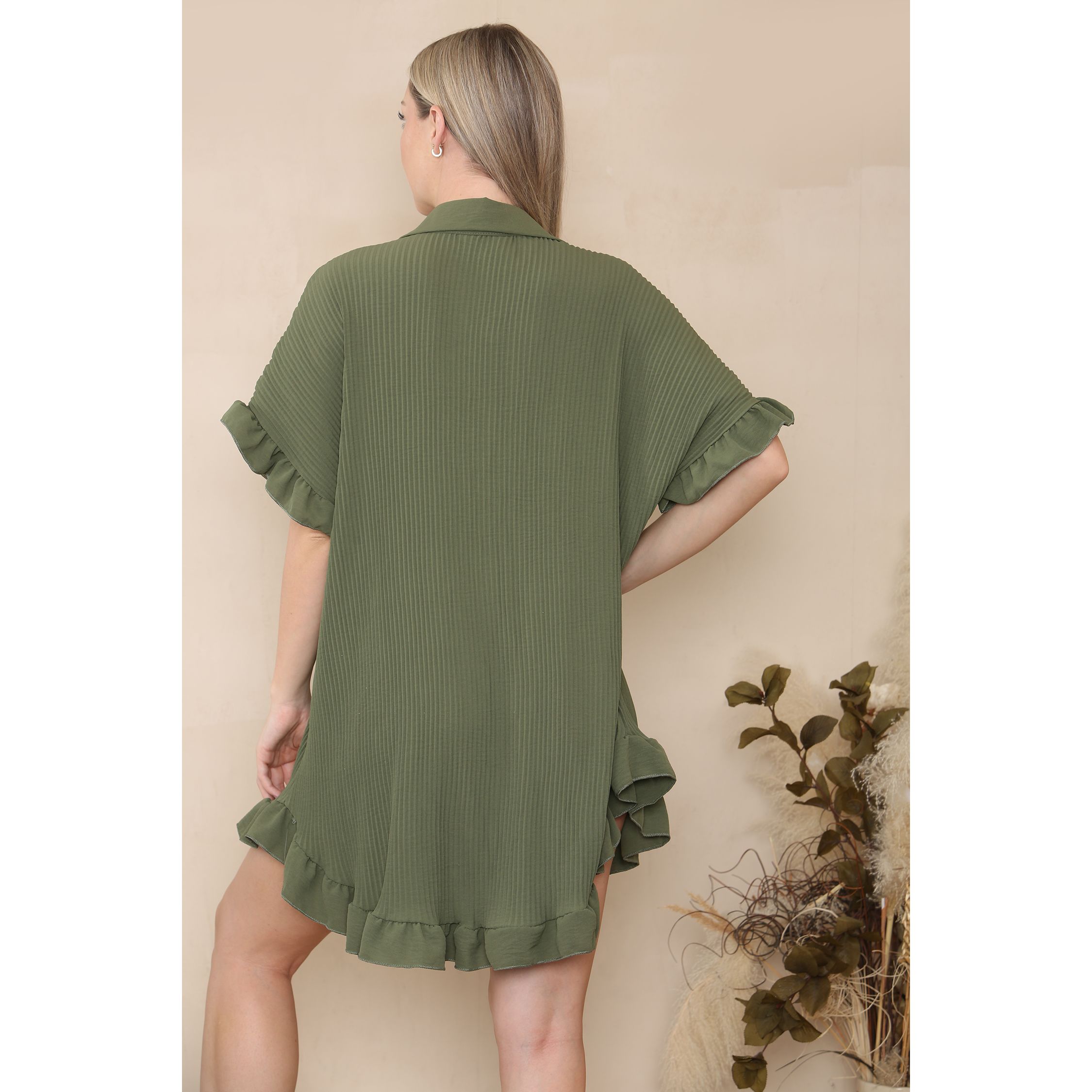 Pleated button up shirt dress with ruffles Go Wholesale