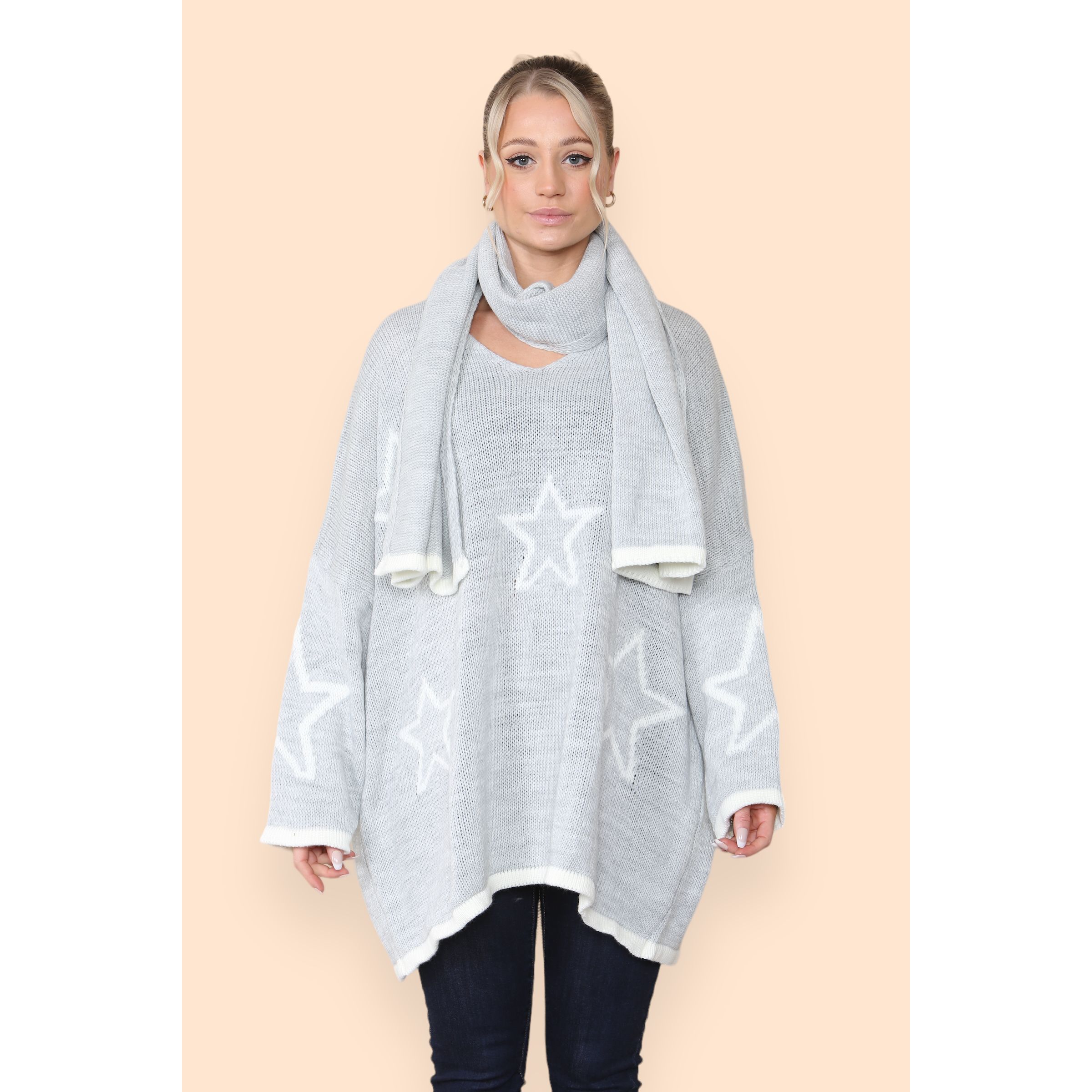 Star Jumper and Scarf Chunky Oversized V Neck Jumper Go Wholesale