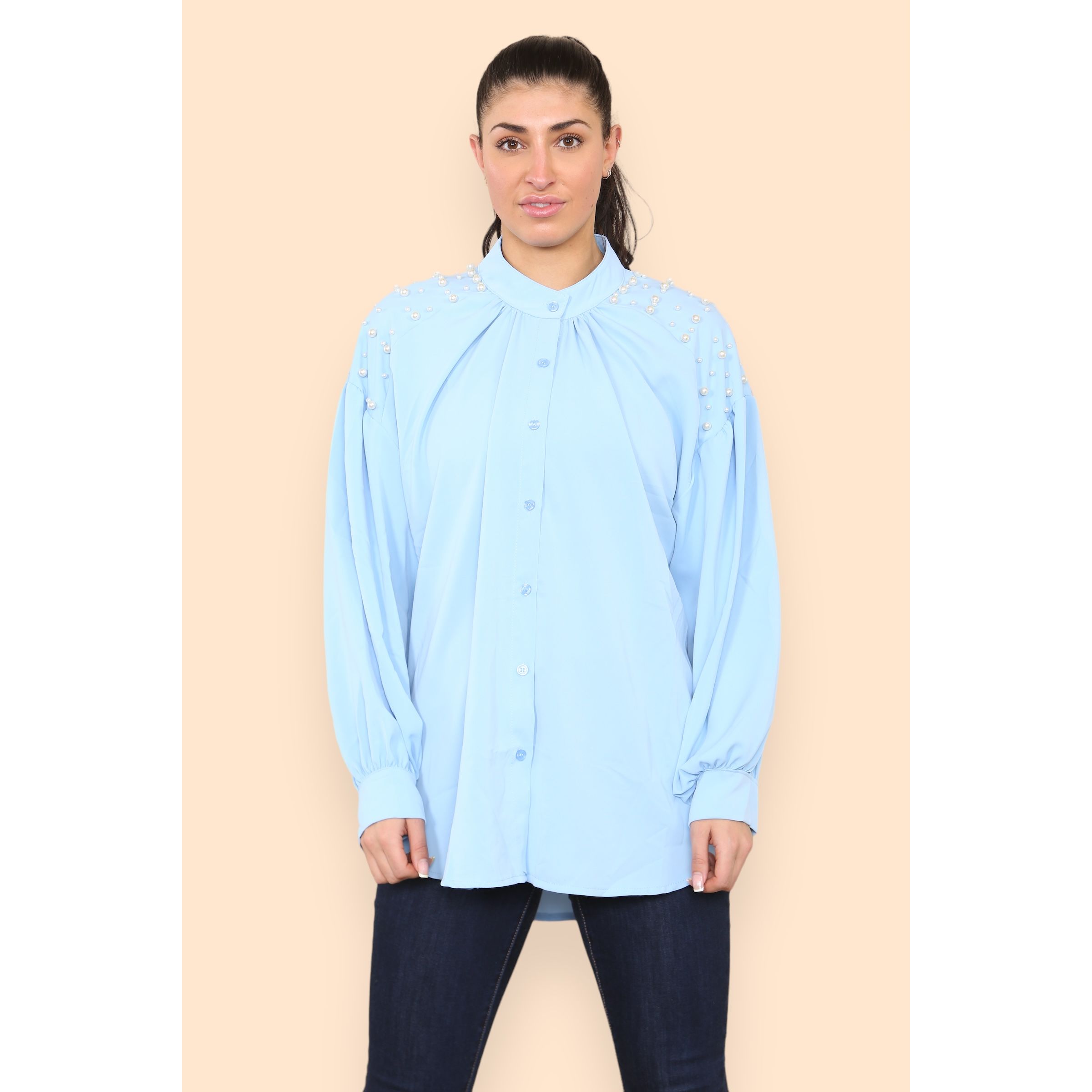 Pearls Studded Chiffon Blouse with Baggy Cuffed Sleeves Go Wholesale