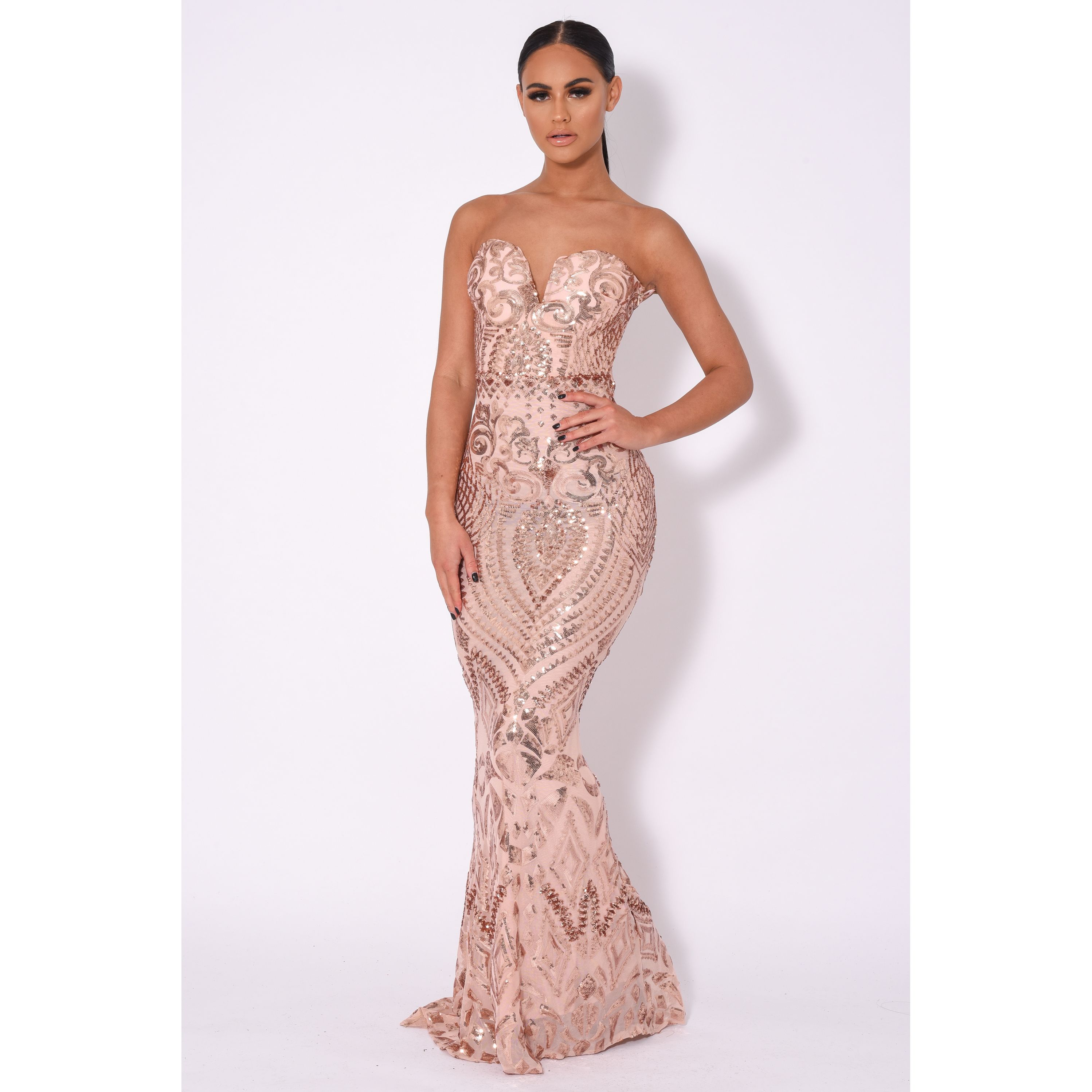 Kenza Rose Gold Luxe Sweetheart Plunge Sequin Embellished Fishtail