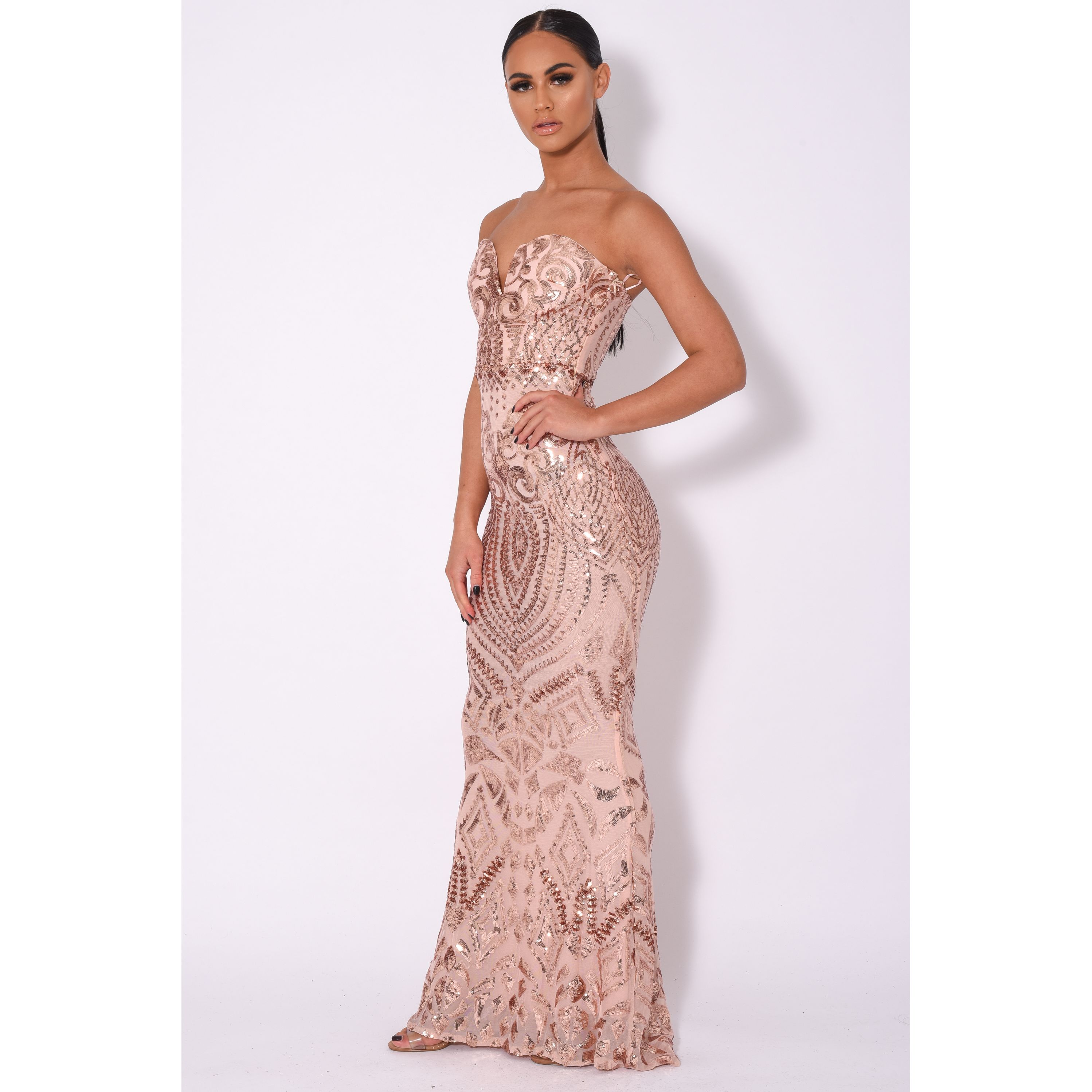 Kenza Rose Gold Luxe Sweetheart Plunge Sequin Embellished Fishtail