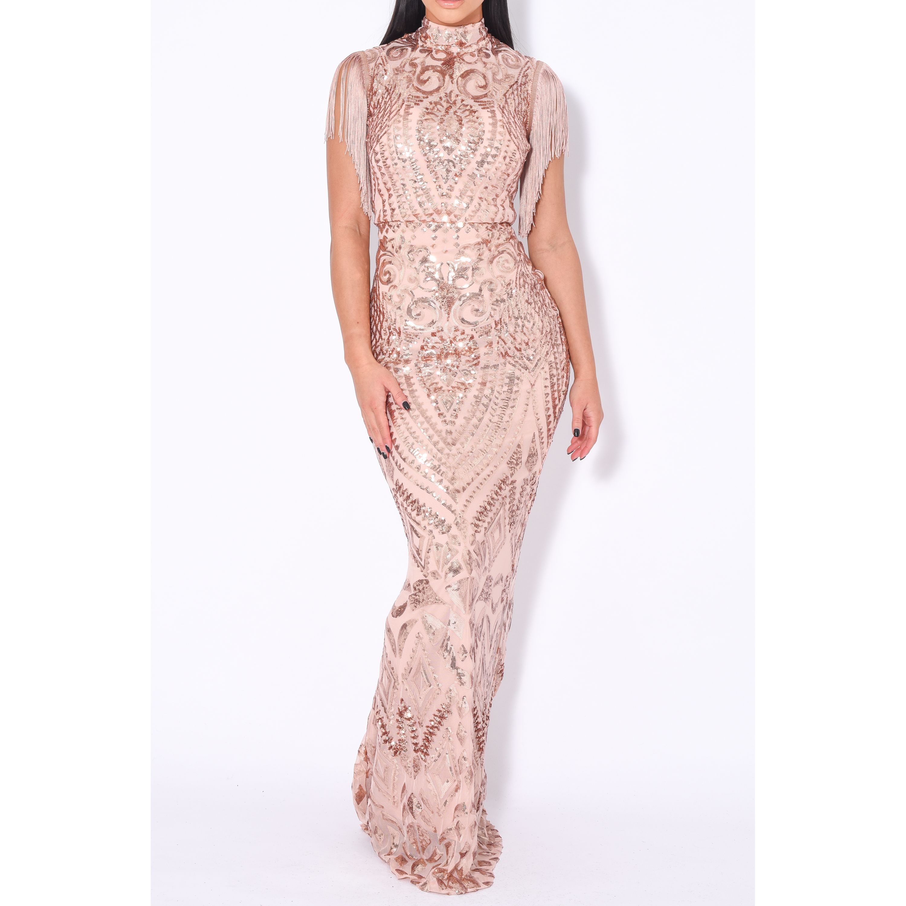 Black and rose gold sequin embellished fishtail maxi dress top