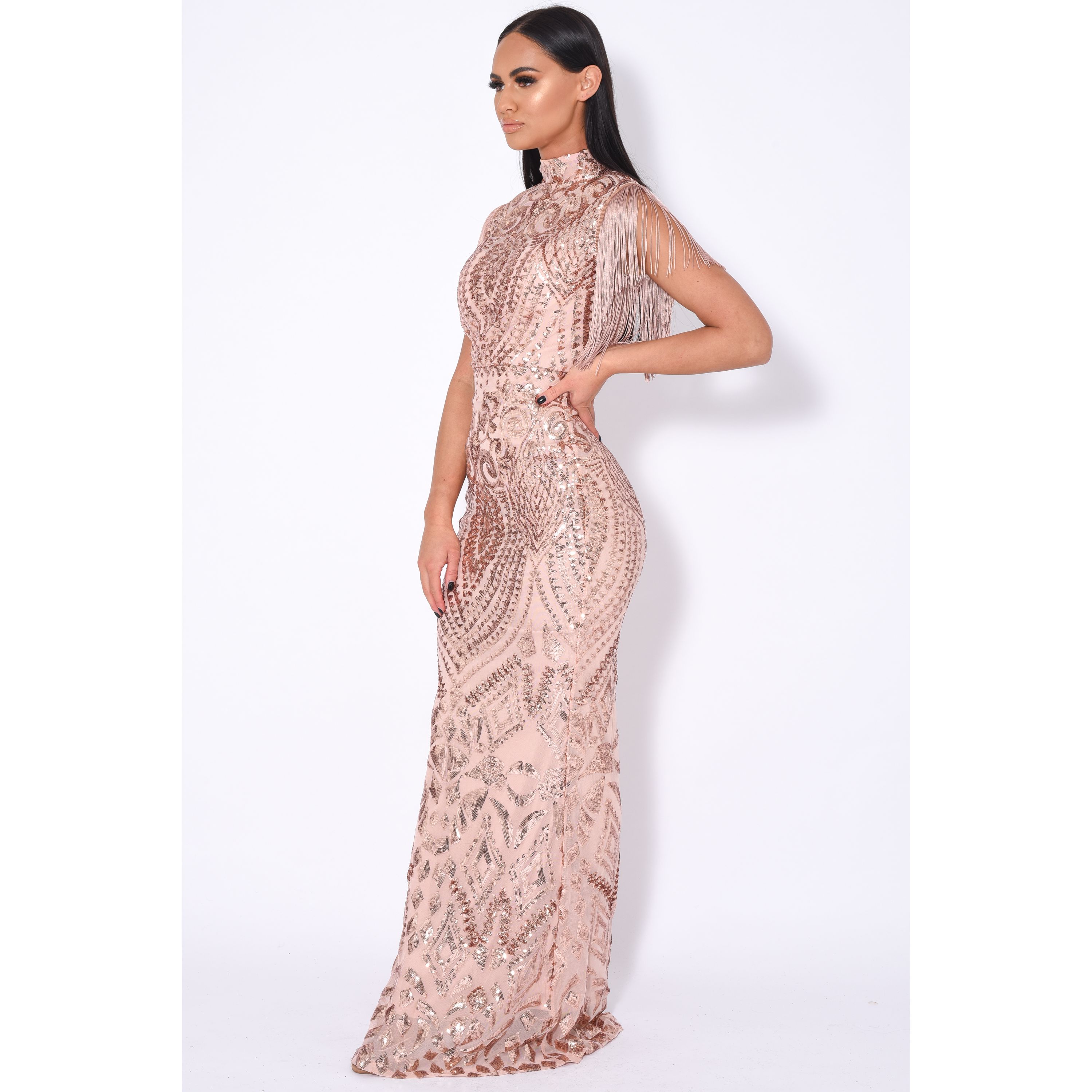 Magic Vip Rose Gold Luxe Tassel Fringe Sequin Embellished Illusion
