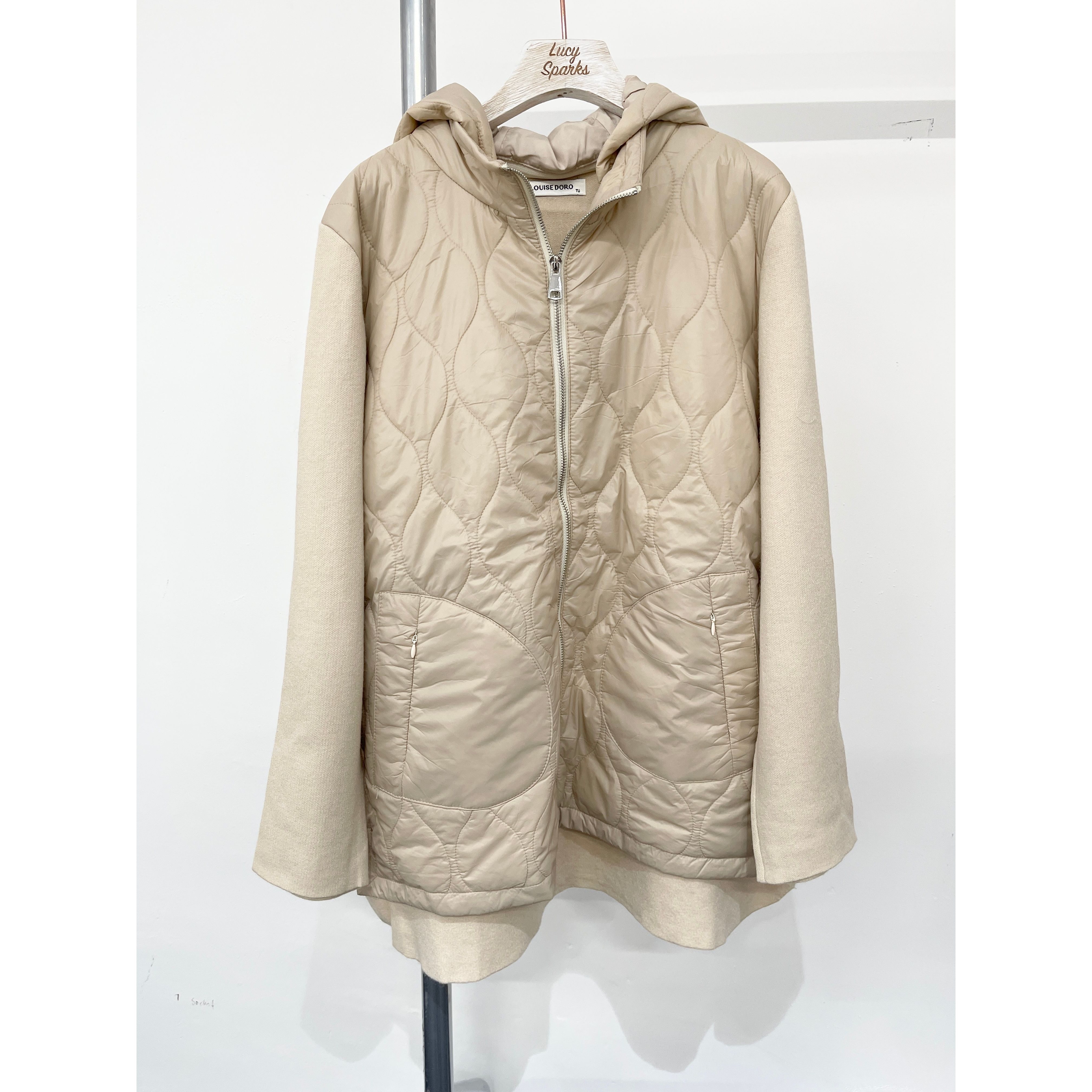 Detachable Hood Quilted Jacket With Heavy Knit Sleeves Go Wholesale