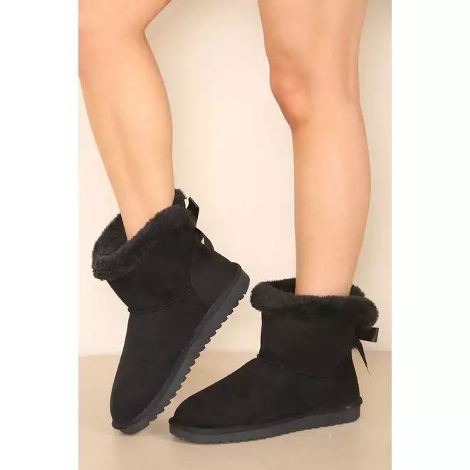 Black Fur Lined Flat Bow Ankle Boots Women Snow Snug Winter Warm Mid Calf Shoes Go Wholesale