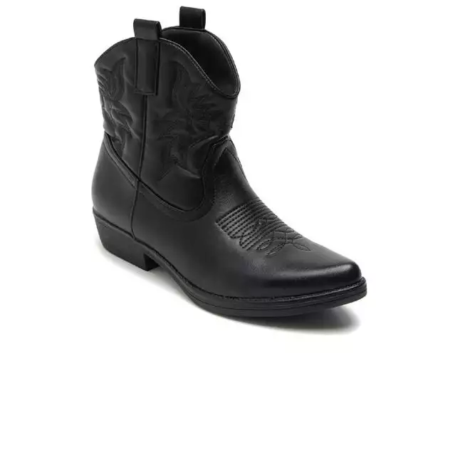 BLACK COWBOY BOOTS EMBROIDED FLAT WESTERN ANKLE BOOTS Go Wholesale