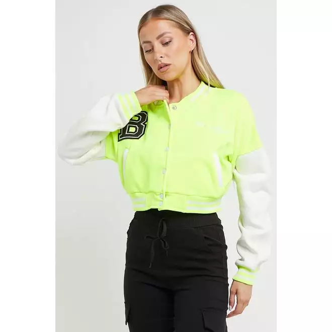 Neon Green Crop Contrast Sleeve Hooded Varsity Jacket Go Wholesale